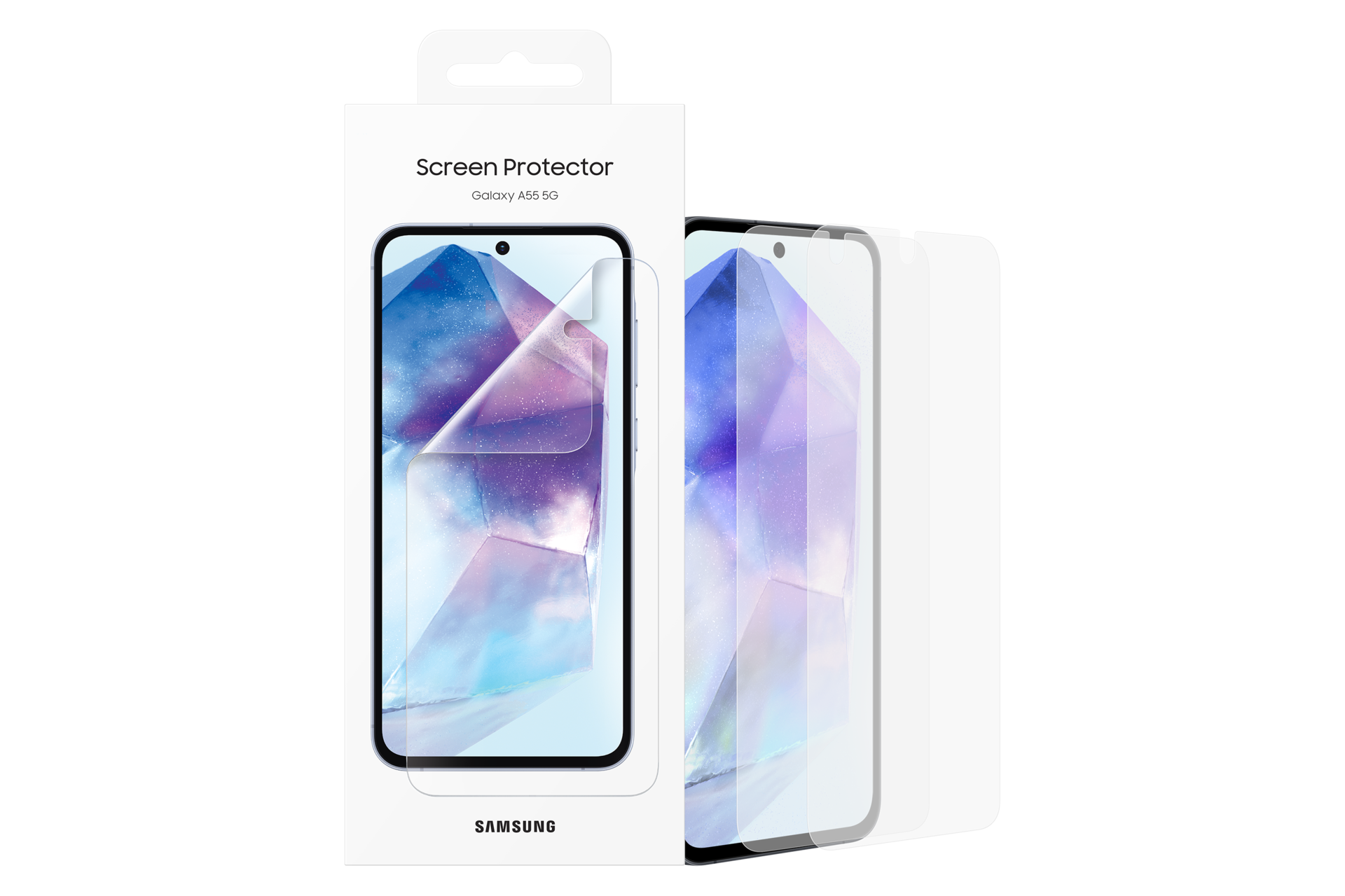 Una scatola di protezione schermo per un Samsung Galaxy A55 5G. Mostra la protezione schermo e il design del telefono.