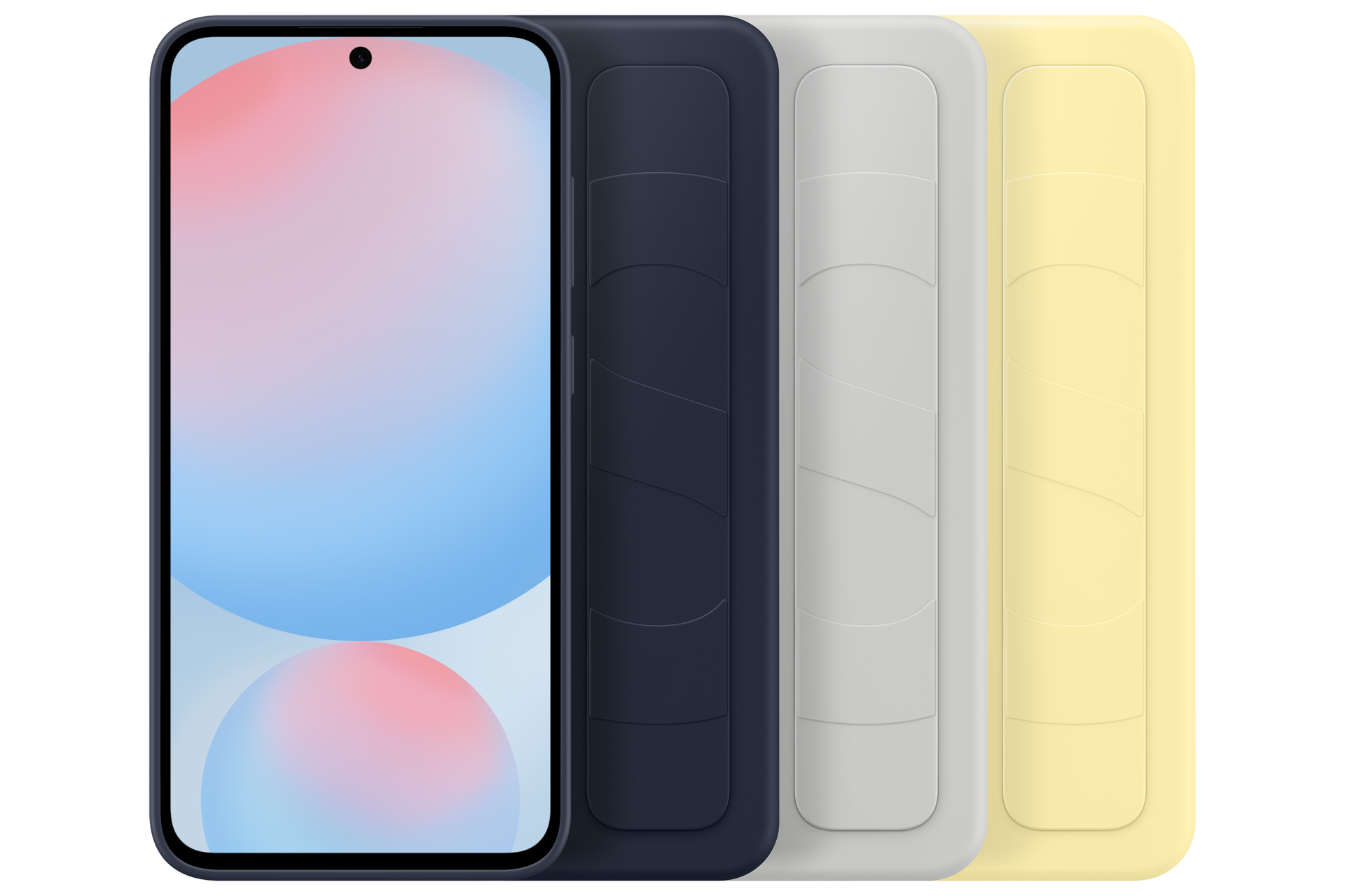 Smartfon z gradientowym ekranem i czterema kolorowymi etui. Kolory to granatowy, szary i żółty.