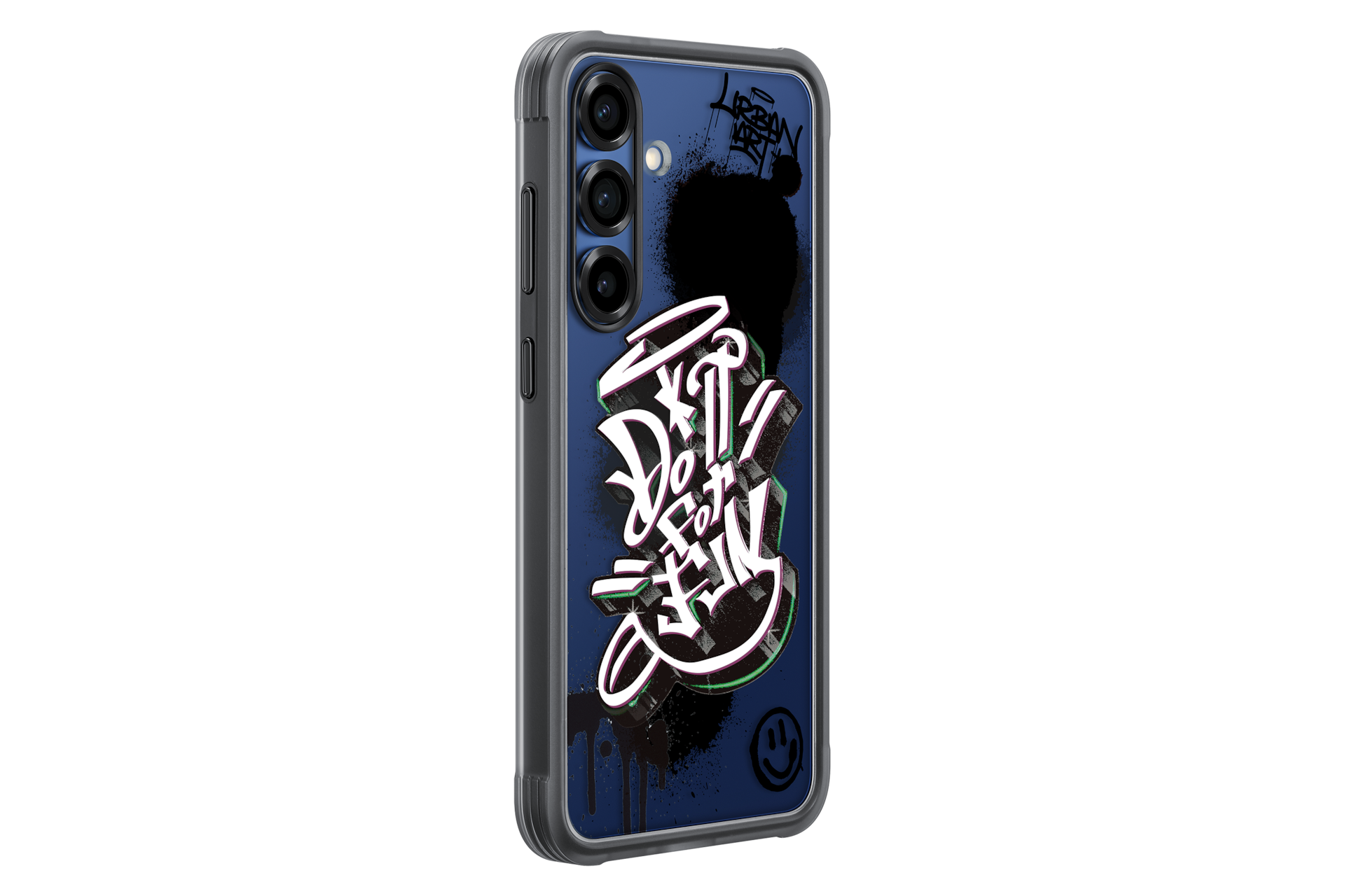 Eine Handyhülle mit Graffiti-Kunst. Blauer Hintergrund mit weißem, grünem und schwarzem Text. Schwarze Farbspritzer und ein Smiley-Gesicht.