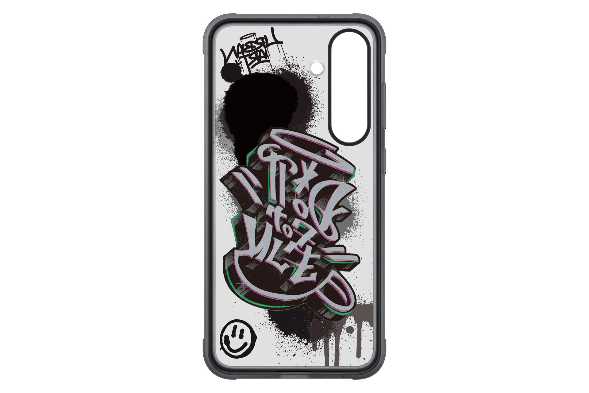 Eine Handyhülle mit Graffiti-Kunst. Grauer, schwarzer und grüner Text. Smiley-Gesicht. Spritzdesign.