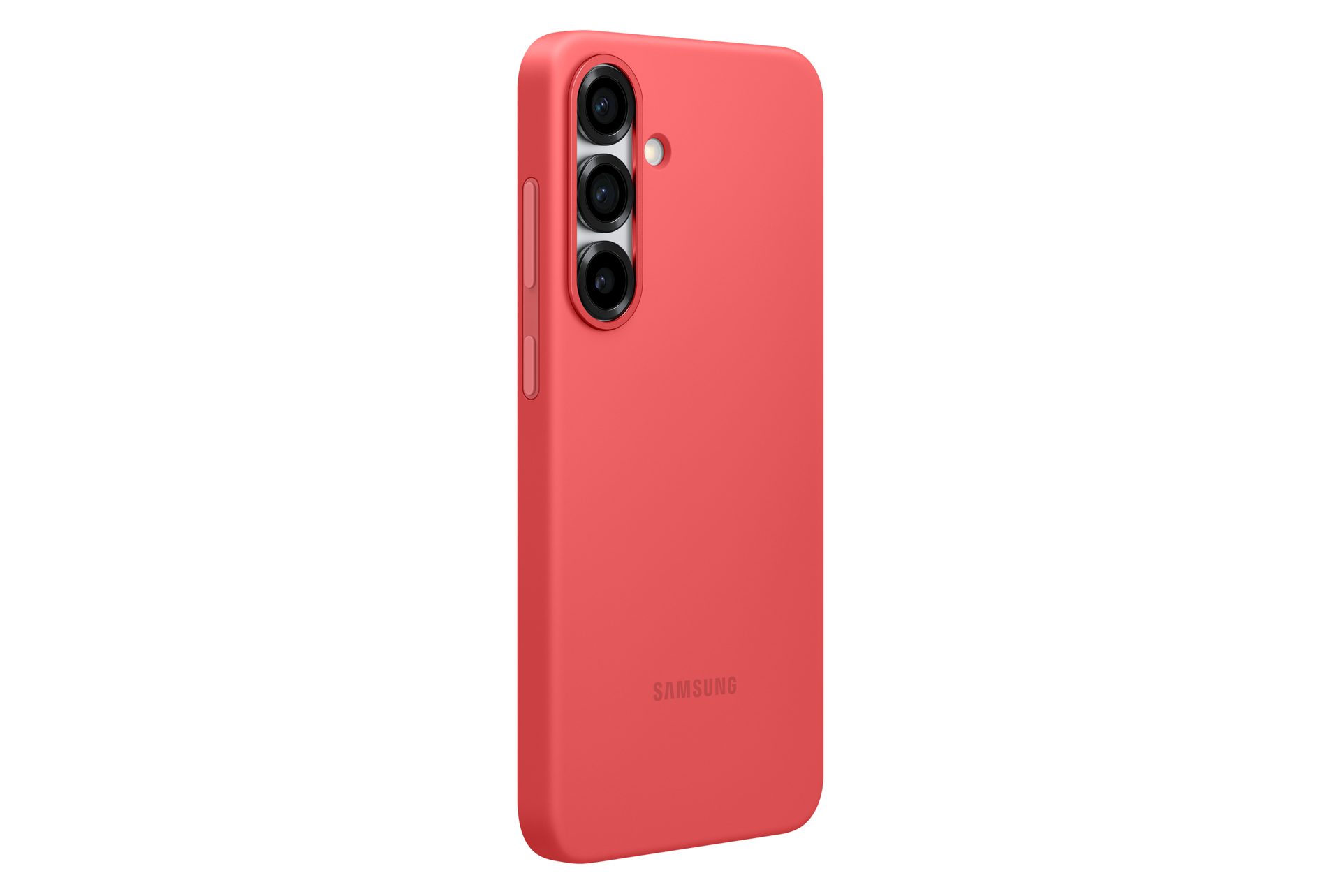 Ein rotes Telefon in einer Hülle mit drei Kameralinsen. Das Samsung-Logo ist sichtbar. Schwarzer Hintergrund.