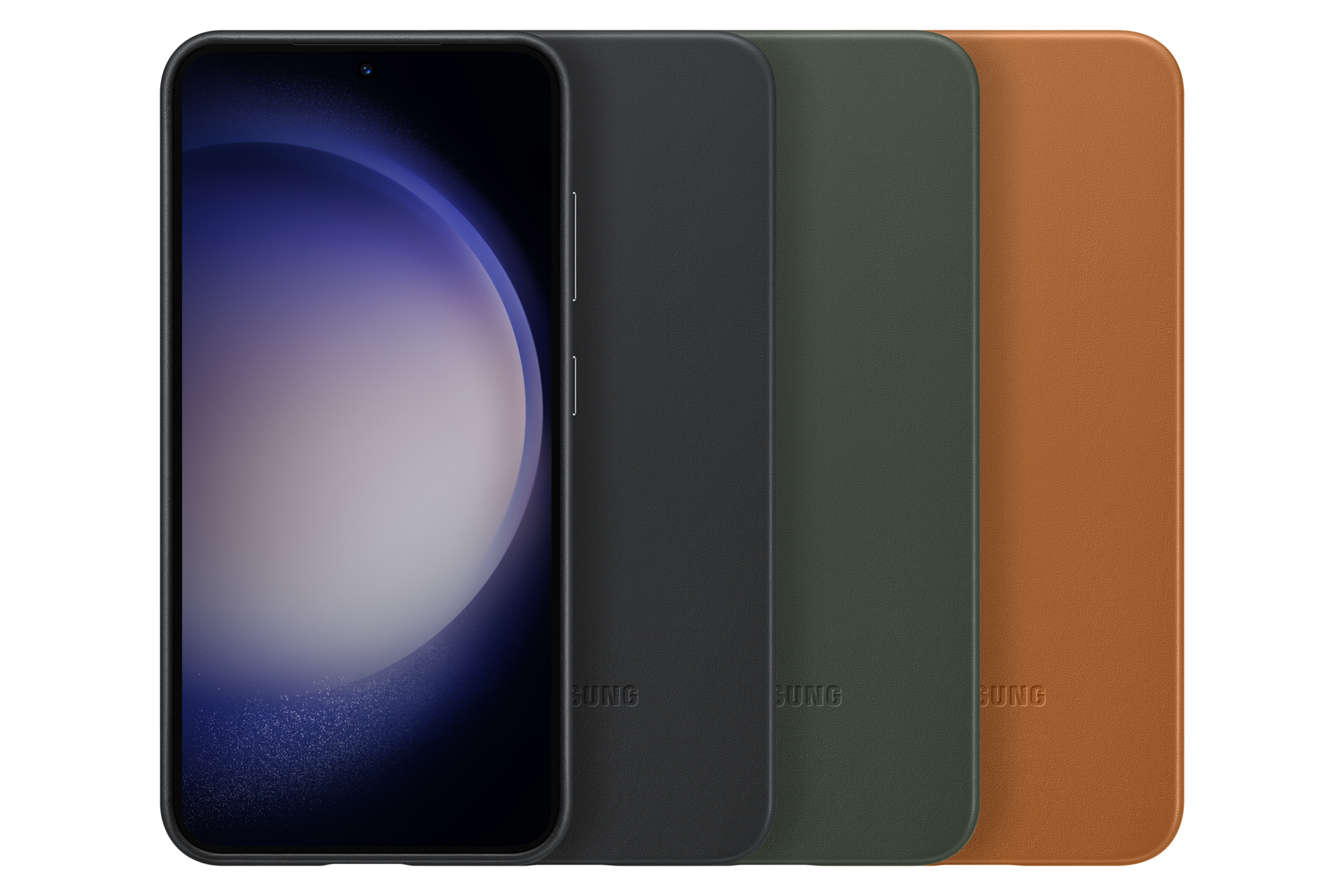 Smartfon z zakrzywionym ekranem obok czterech etui na telefon w kolorach czarnym, ciemnozielonym, zielonym i brązowym.