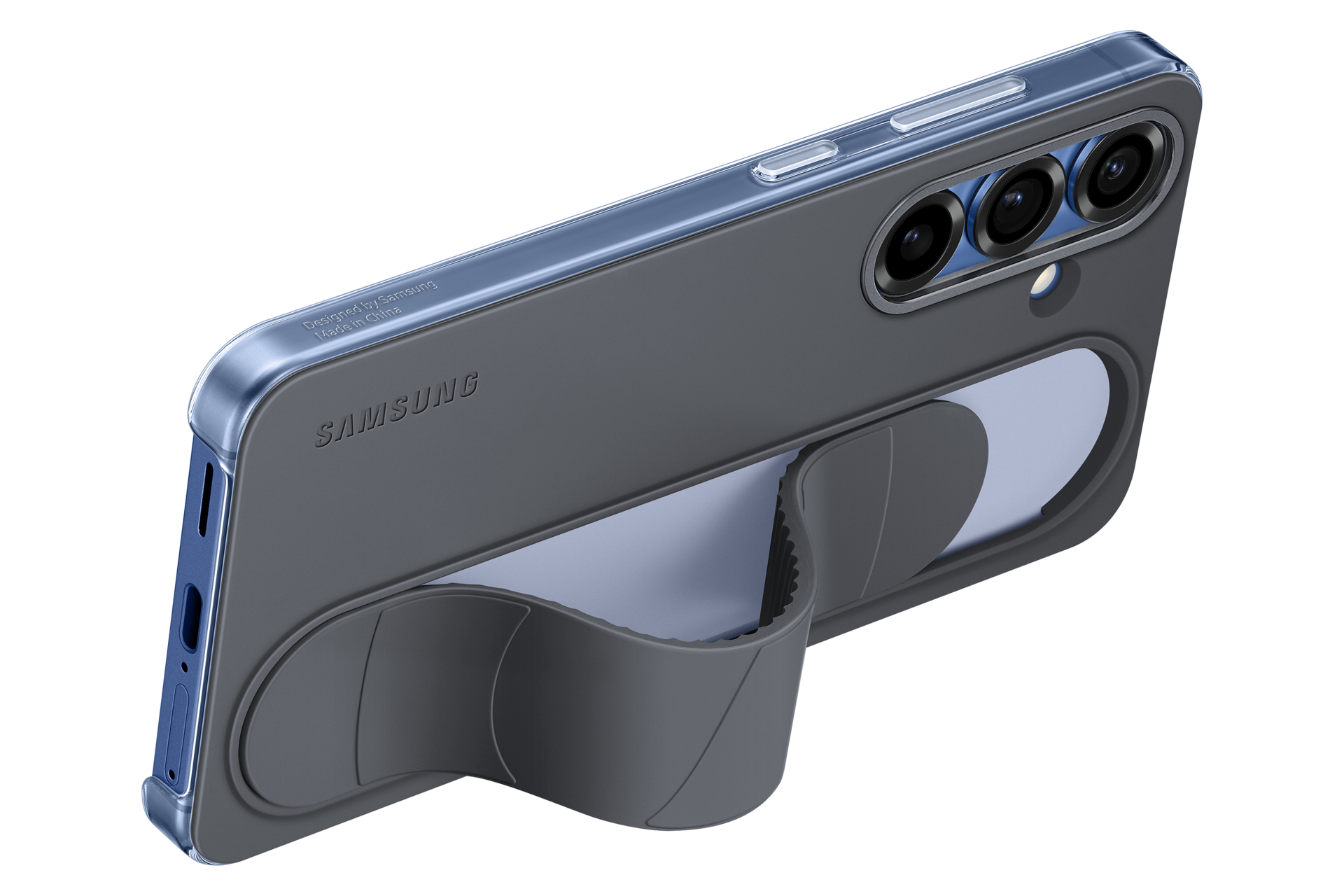 Custodia per telefono Samsung, grigia con dettagli blu. Presenta tre obiettivi e un supporto. Il nome del marchio è visibile.