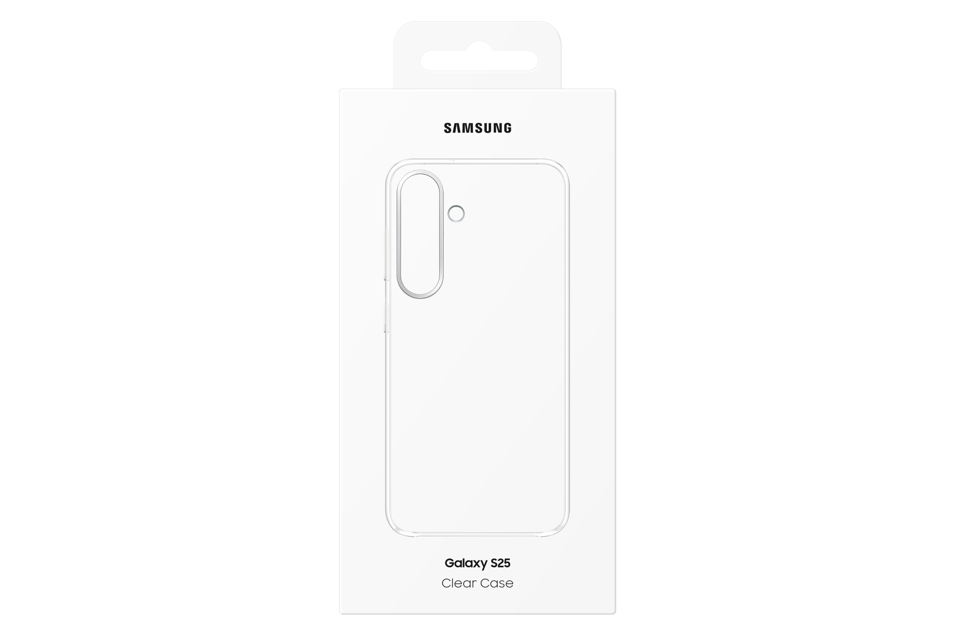 Una scatola bianca Samsung con una custodia trasparente per telefono. La scatola dice "Galaxy S25 Clear Case".