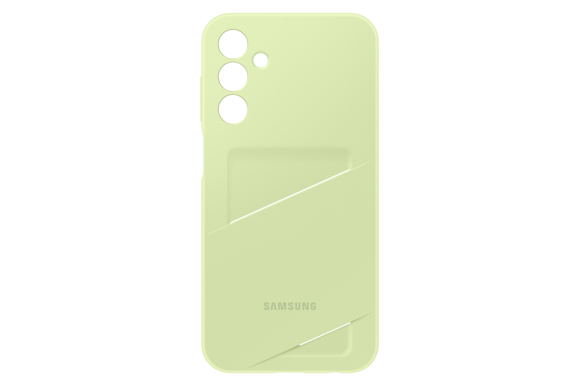 Hellgrüne Handyhülle mit Samsung-Logo. Es hat Löcher für die Kamera und eine Tasche. Schwarzer Hintergrund.