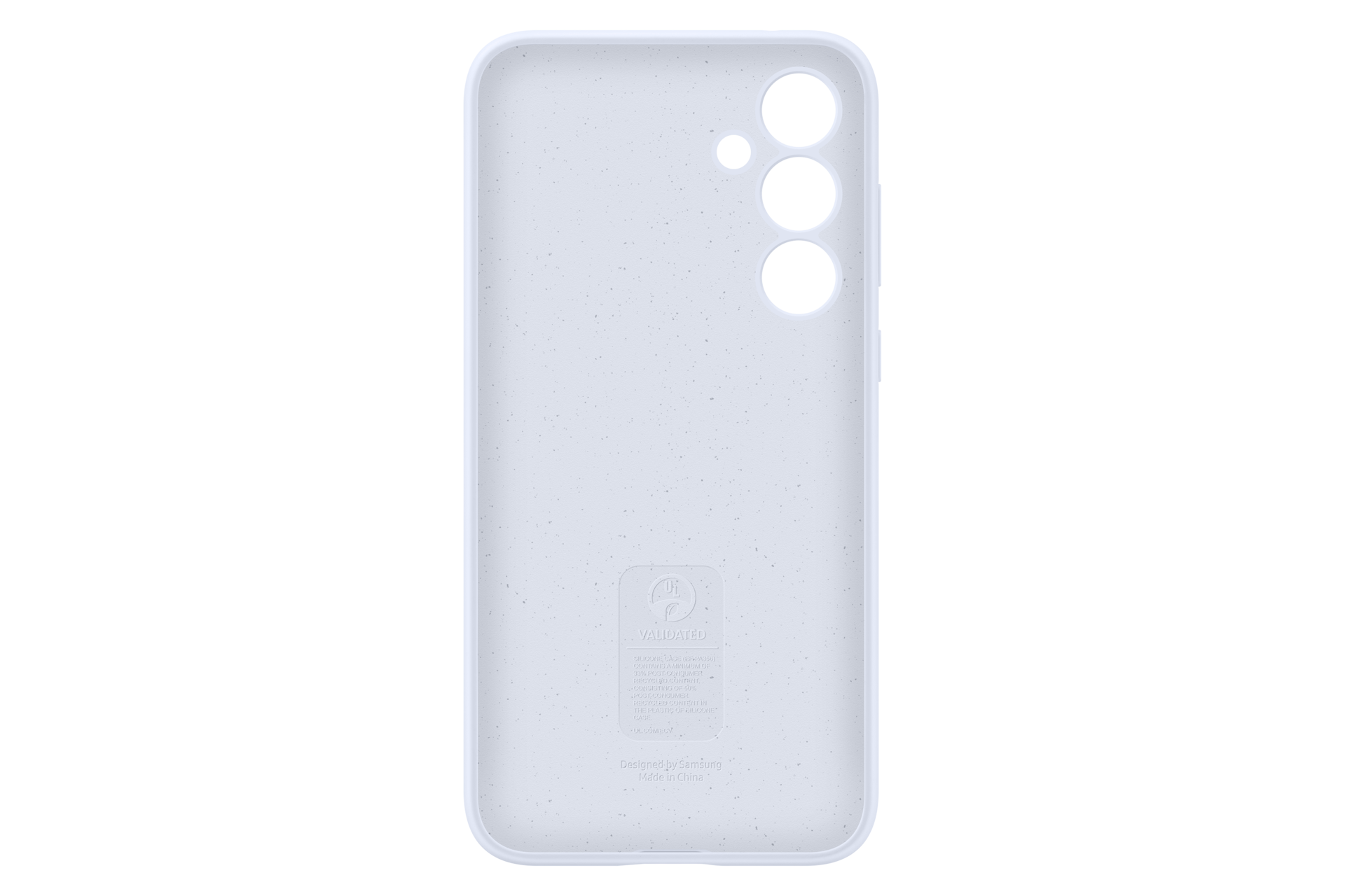 Białe etui na telefon z trzema otworami na aparat. Ma nakrapianą fakturę i widoczne jest logo Samsunga.