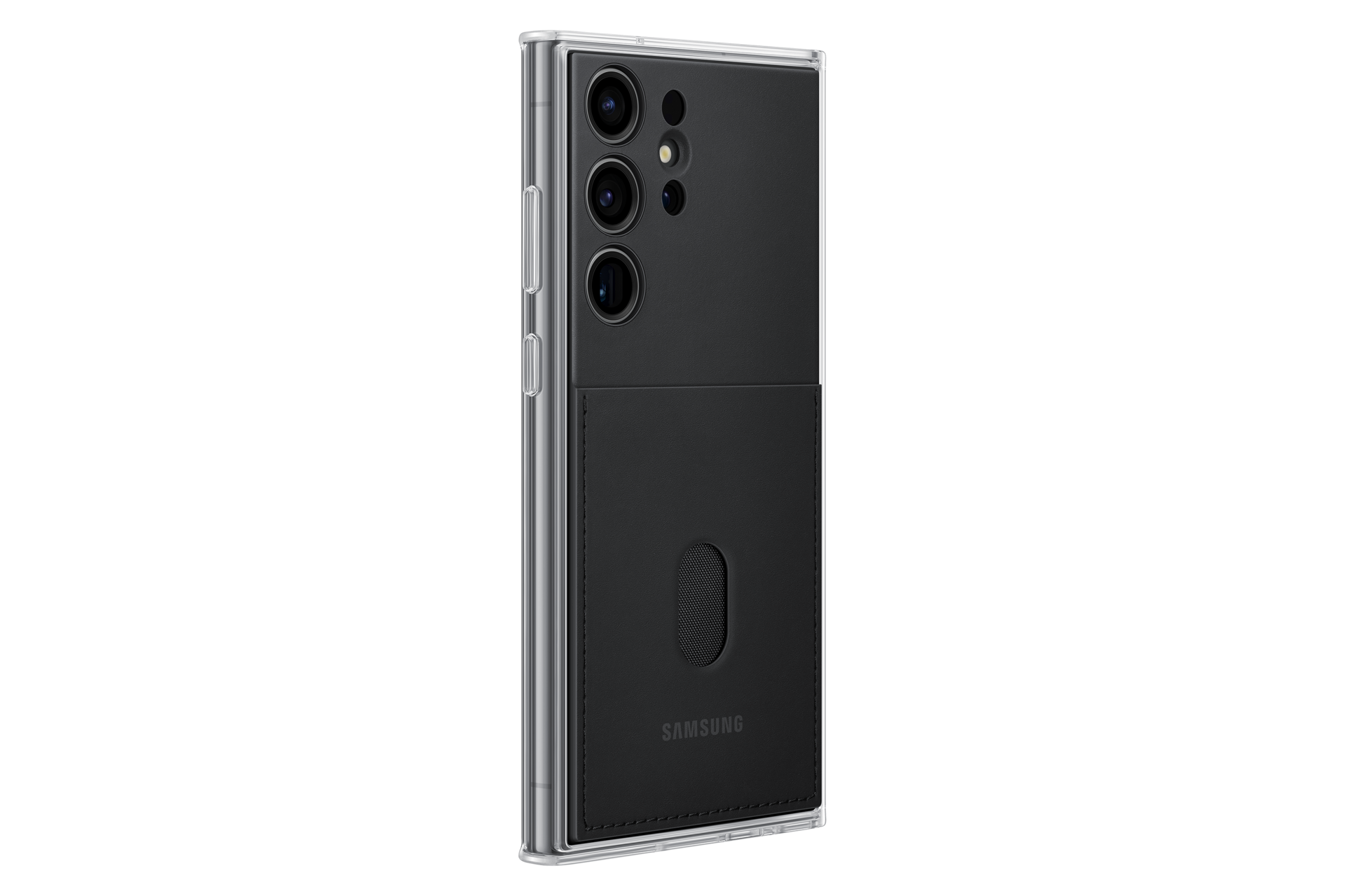 Een Samsung-telefoon met een zwarte leren hoes. Het heeft meerdere camera's en het Samsung-logo is zichtbaar.
