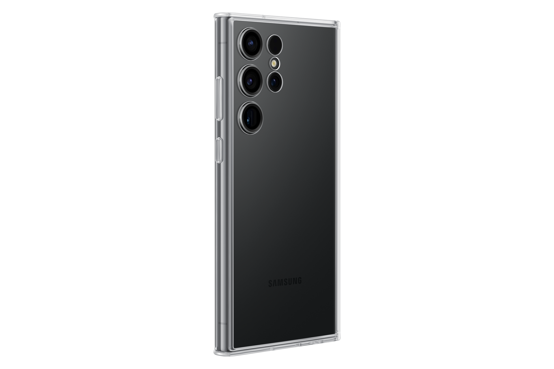 Een Samsung-telefoon, in een doorzichtige hoes, van achteren bekeken. Het heeft meerdere cameralenzen en het Samsung-logo.
