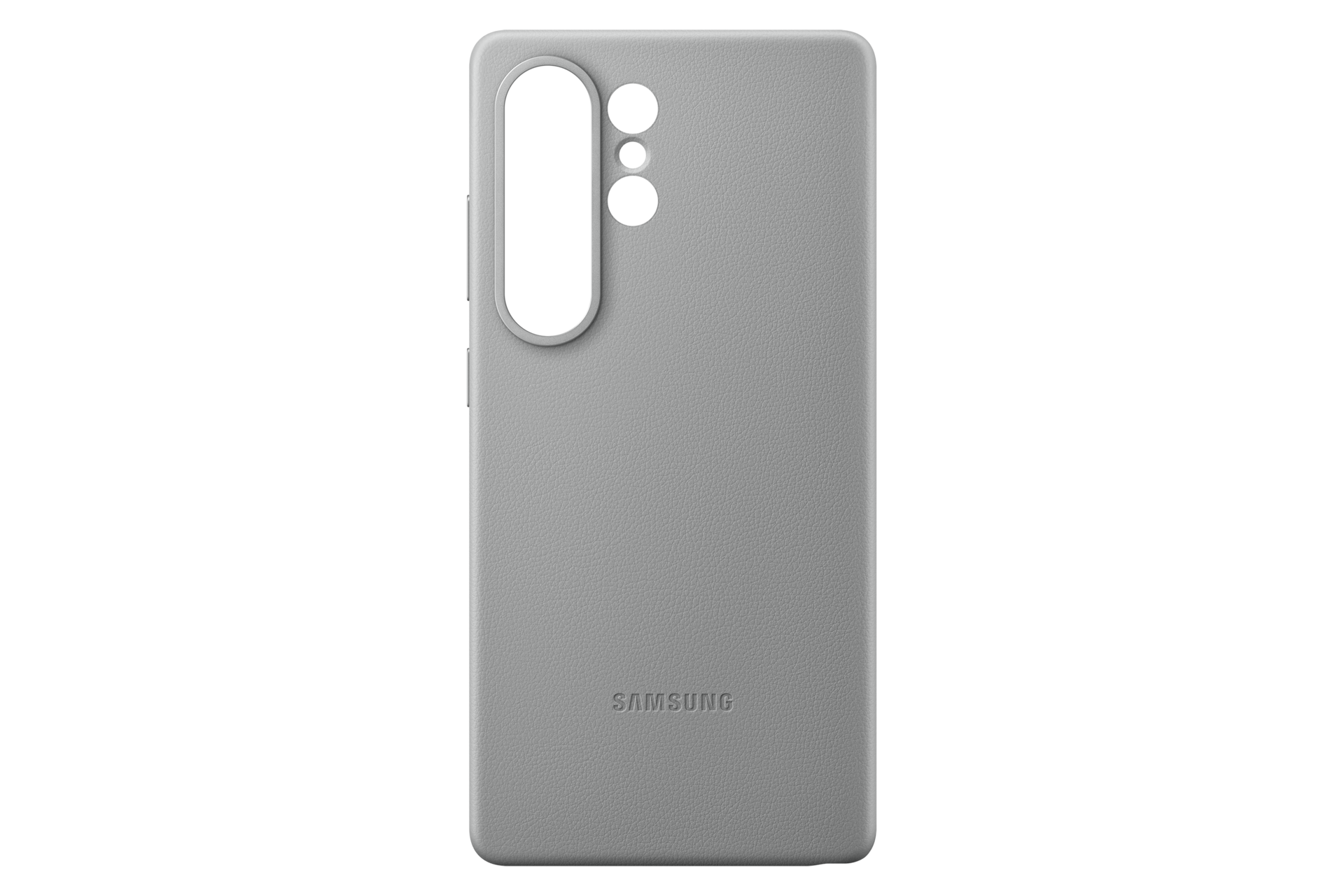 Une coque de téléphone grise avec des découpes pour l'appareil photo et le logo Samsung, sur fond noir. La coque a une surface texturée.