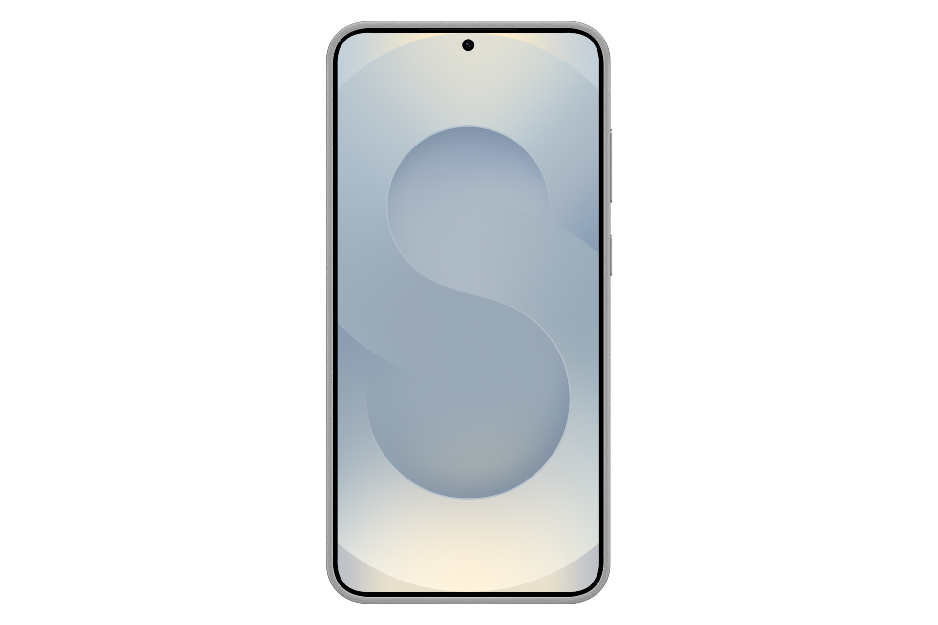 Smartfon z jasnoniebieskim gradientem na ekranie i dużą, stylizowaną literą 'S' na czarnym tle.