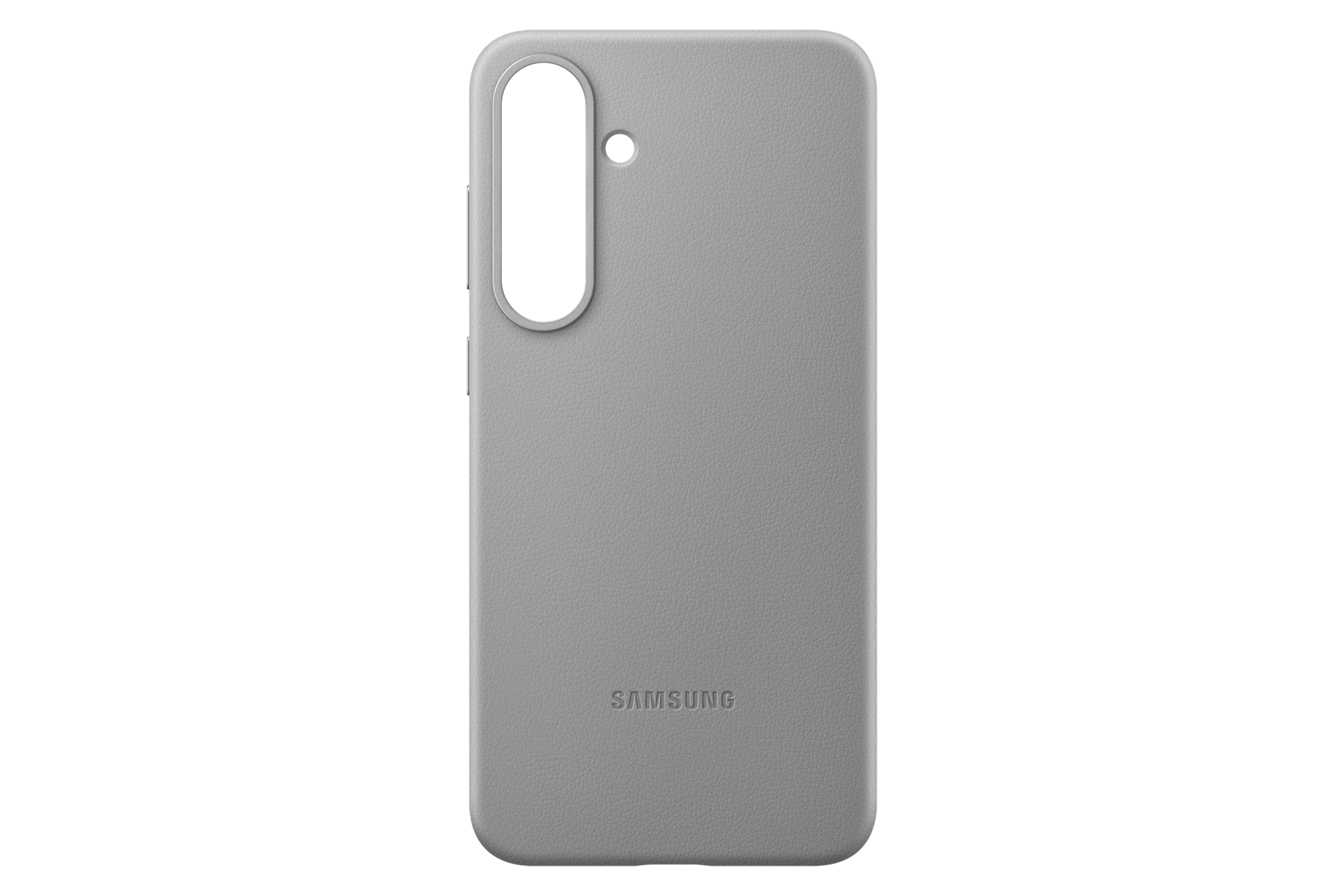 Szara obudowa telefonu z wycięciem na aparat, małym otworem i logo Samsung, na czarnym tle.