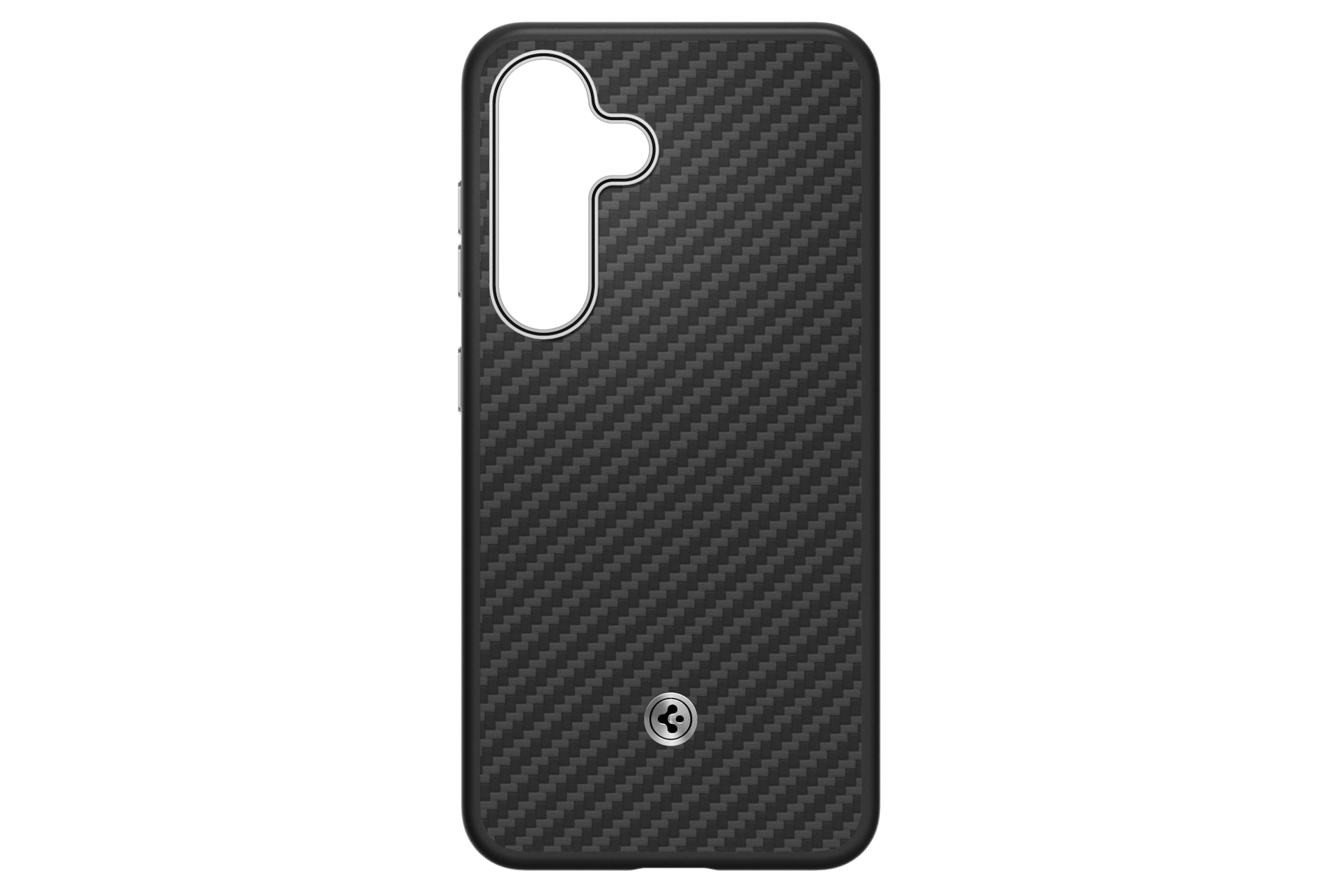 Une coque de téléphone gris foncé avec une texture fibre de carbone. Elle a une découpe caméra et un petit logo argenté.