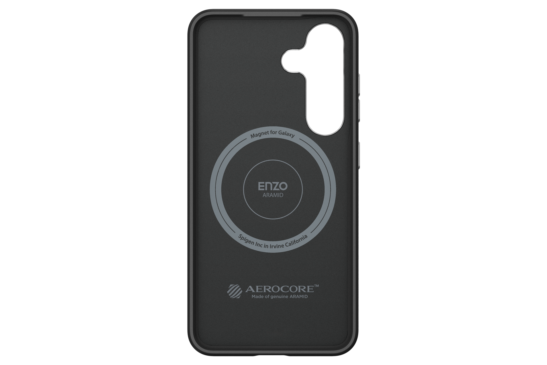 Coque de téléphone noire avec un cercle magnétique, la marque Enzo et le texte AEROCORE. Le fond est noir.