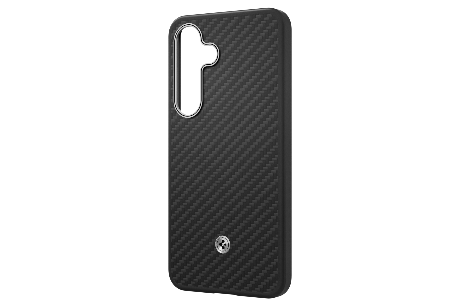 Une coque de téléphone noire avec une texture en fibre de carbone. Elle a une découpe argentée pour l'appareil photo et un bouton argenté.