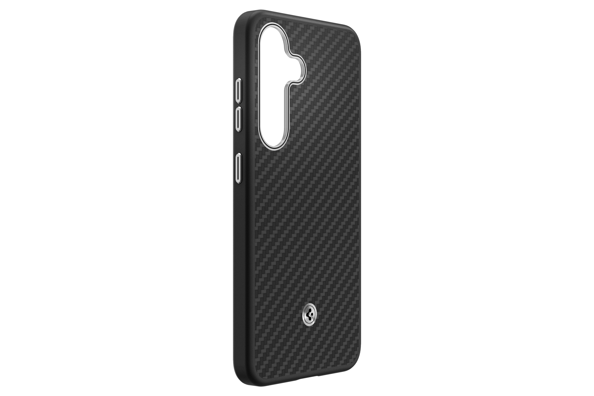 Coque de téléphone noire avec texture fibre de carbone. Elle a des accents argentés autour de la caméra et des boutons.
