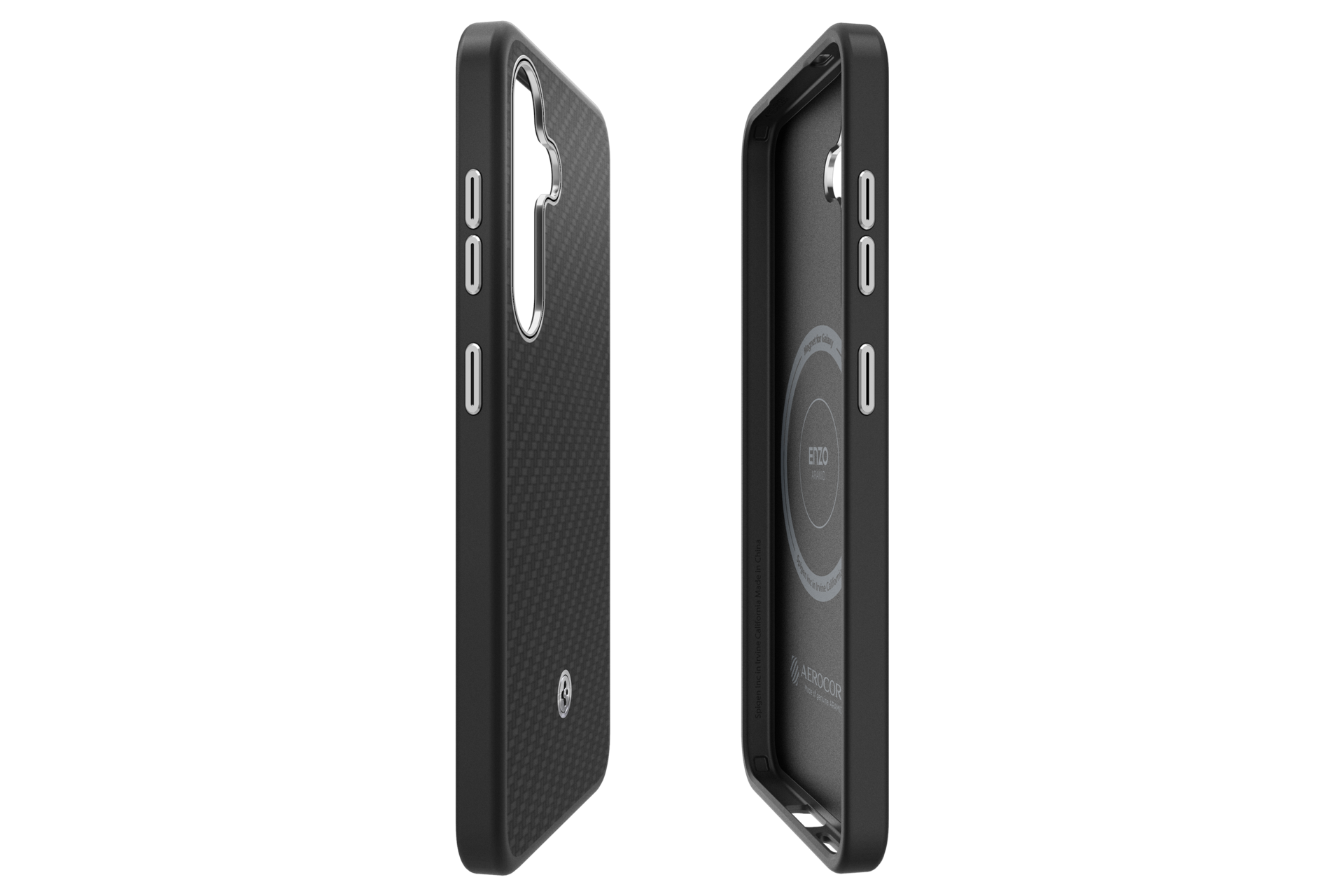 Deux coques de téléphone noires. L'une montre l'extérieur avec des boutons, l'autre l'intérieur avec un aimant, les deux sur fond noir.