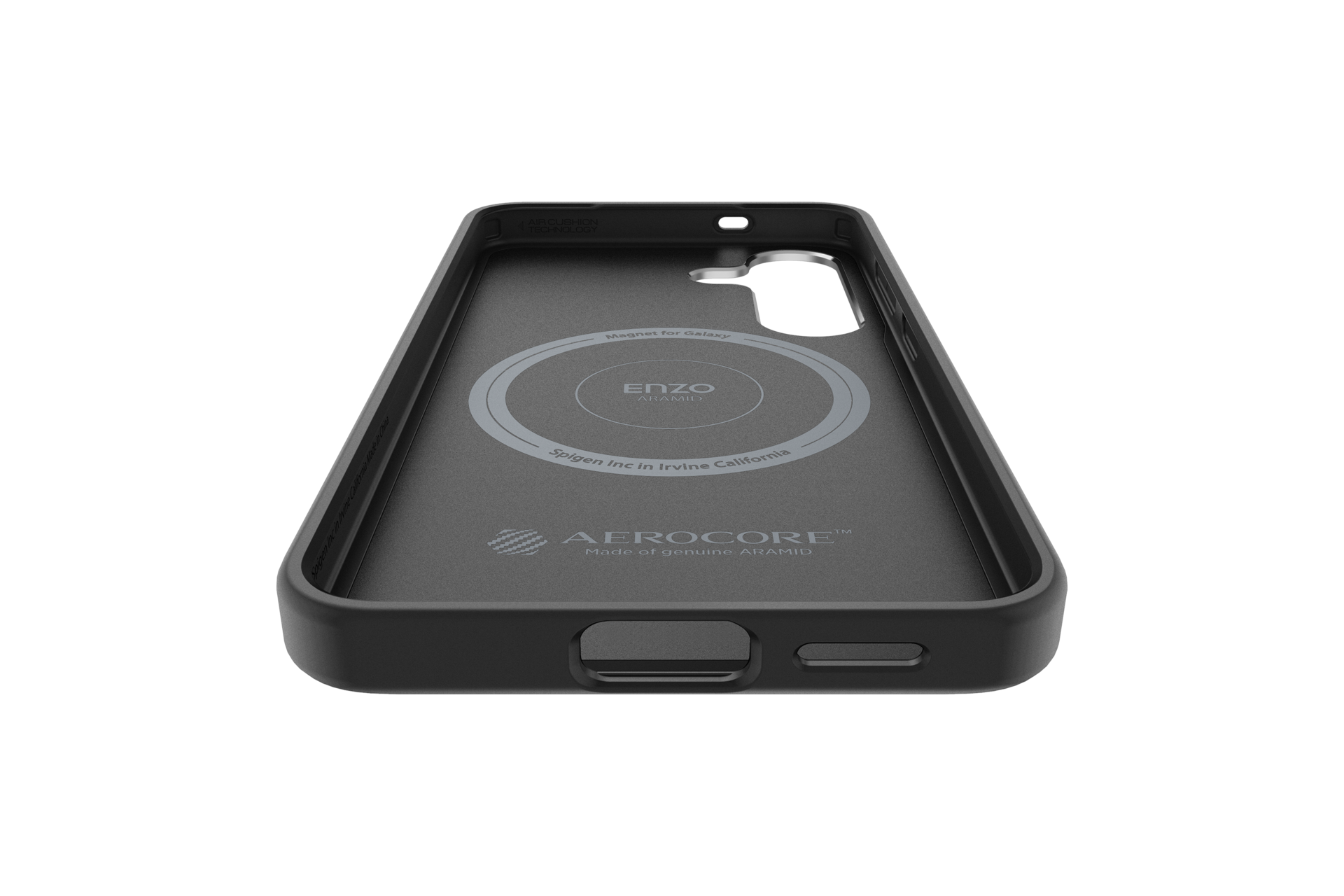Intérieur d'étui de téléphone noir avec texte : Enzo Aramid, Aerocore et Spigen Inc à Irvine Californie. L'étui est pour un Galaxy.
