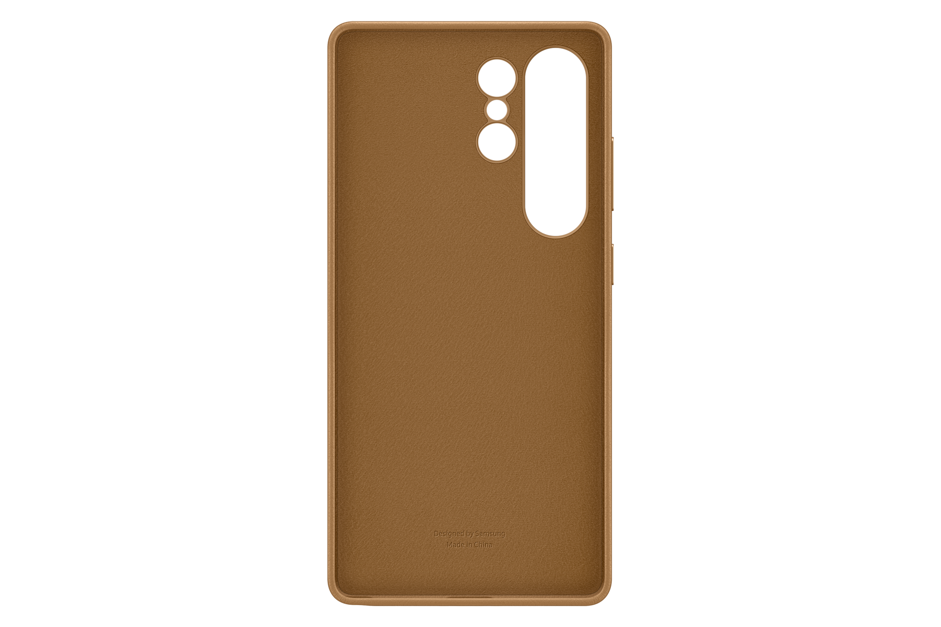 Funda de teléfono marrón con recortes para cámara sobre fondo negro. Marcada "Diseñada por Samsung, Made in China."