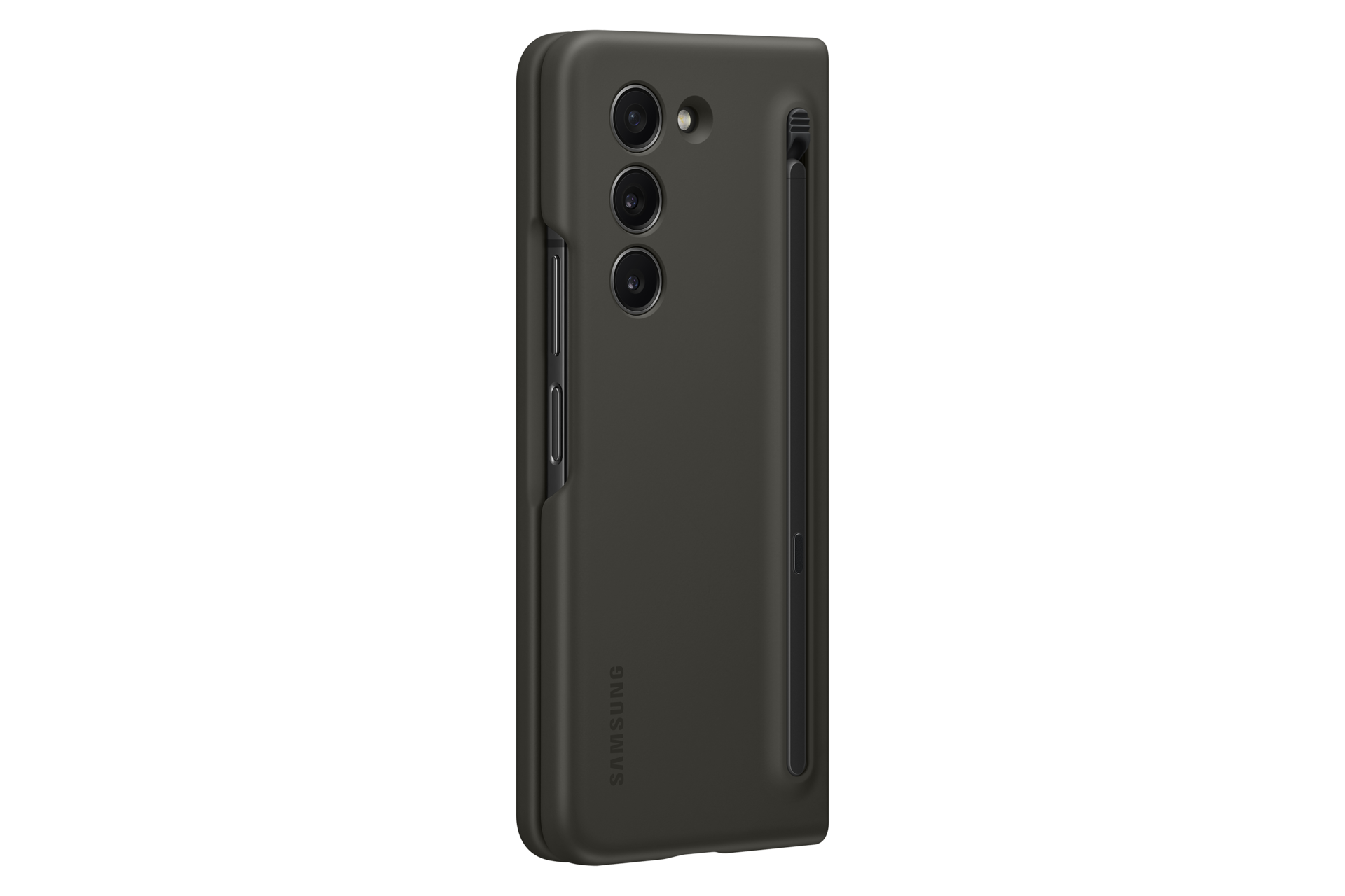 Viene mostrata una custodia per telefono grigio scuro con penna e array di fotocamere. Il logo Samsung è visibile sulla custodia.