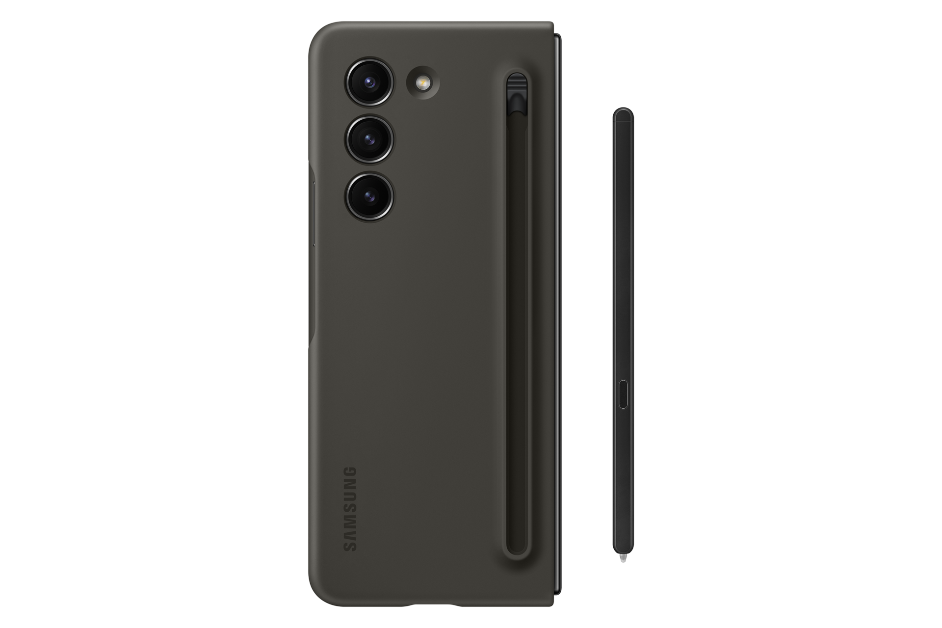 Una custodia per telefono grigio scuro con tre obiettivi, un flash e uno stilo nero su sfondo nero.