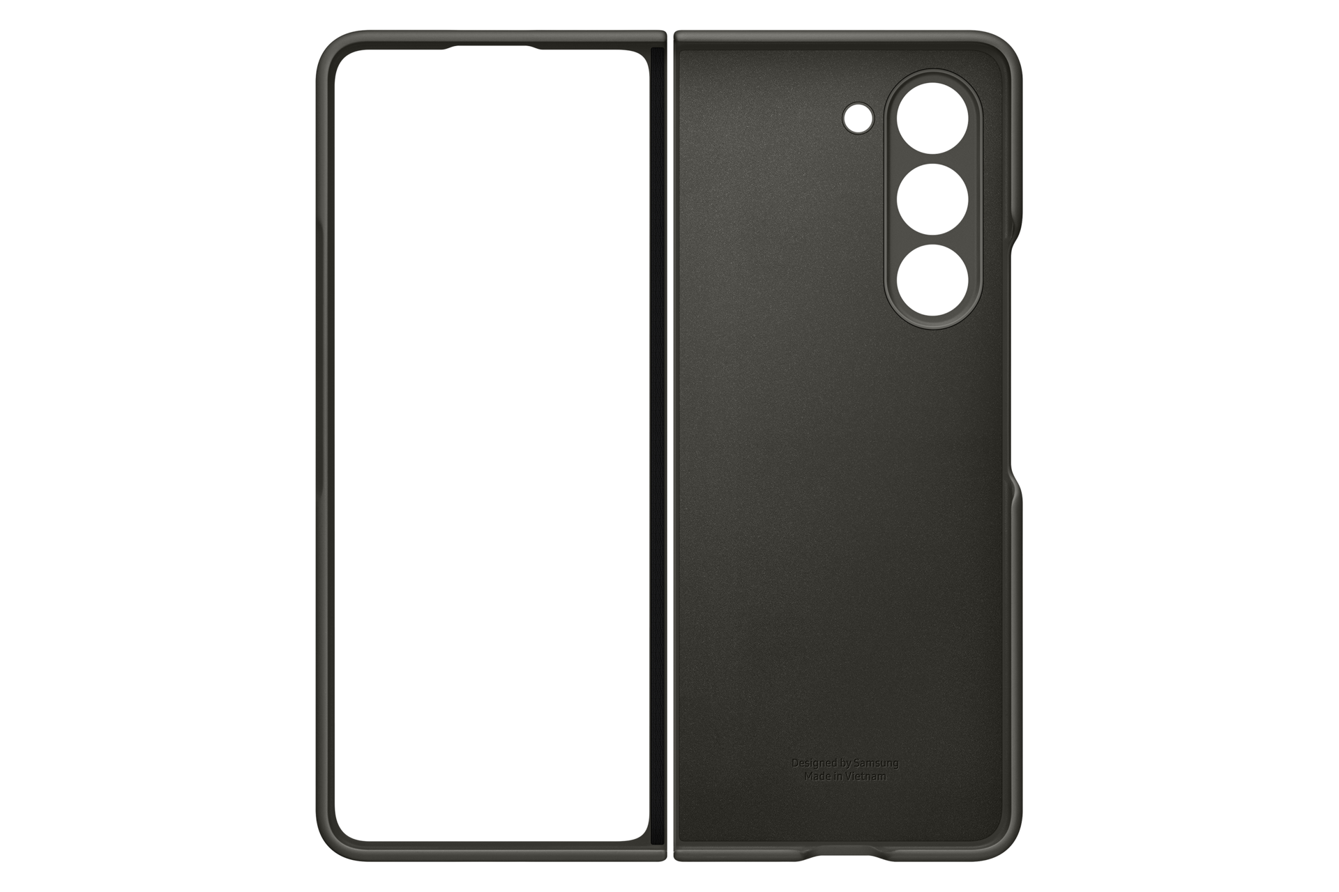 Una custodia per telefono grigio scuro, aperta e piegata. Un lato ha un sistema di fotocamera. La custodia è progettata da Samsung e prodotta in Vietnam.