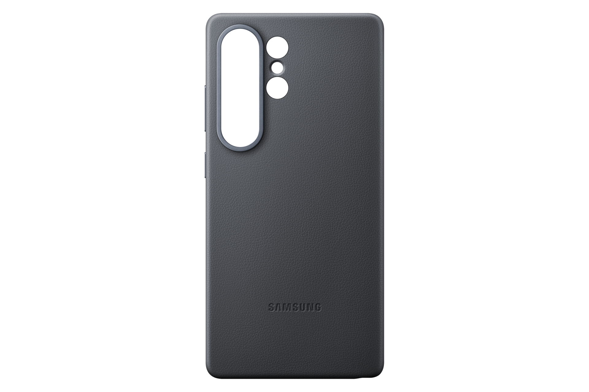 Una funda de teléfono gris oscuro sobre un fondo negro. Tiene recortes para la cámara y el logotipo de Samsung.