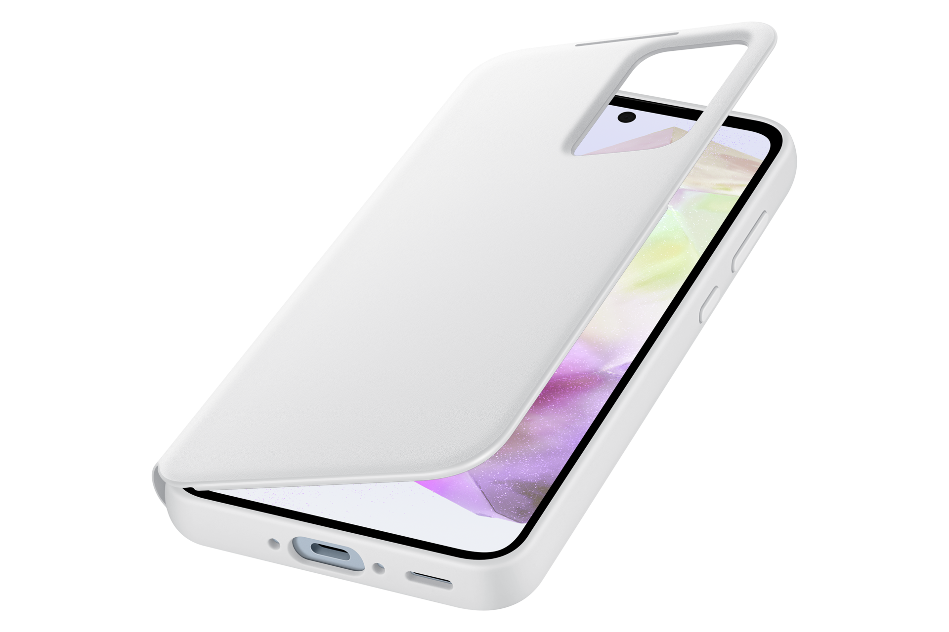 Una funda blanca para teléfono está abierta, revelando un teléfono con pantalla colorida. El fondo es negro.