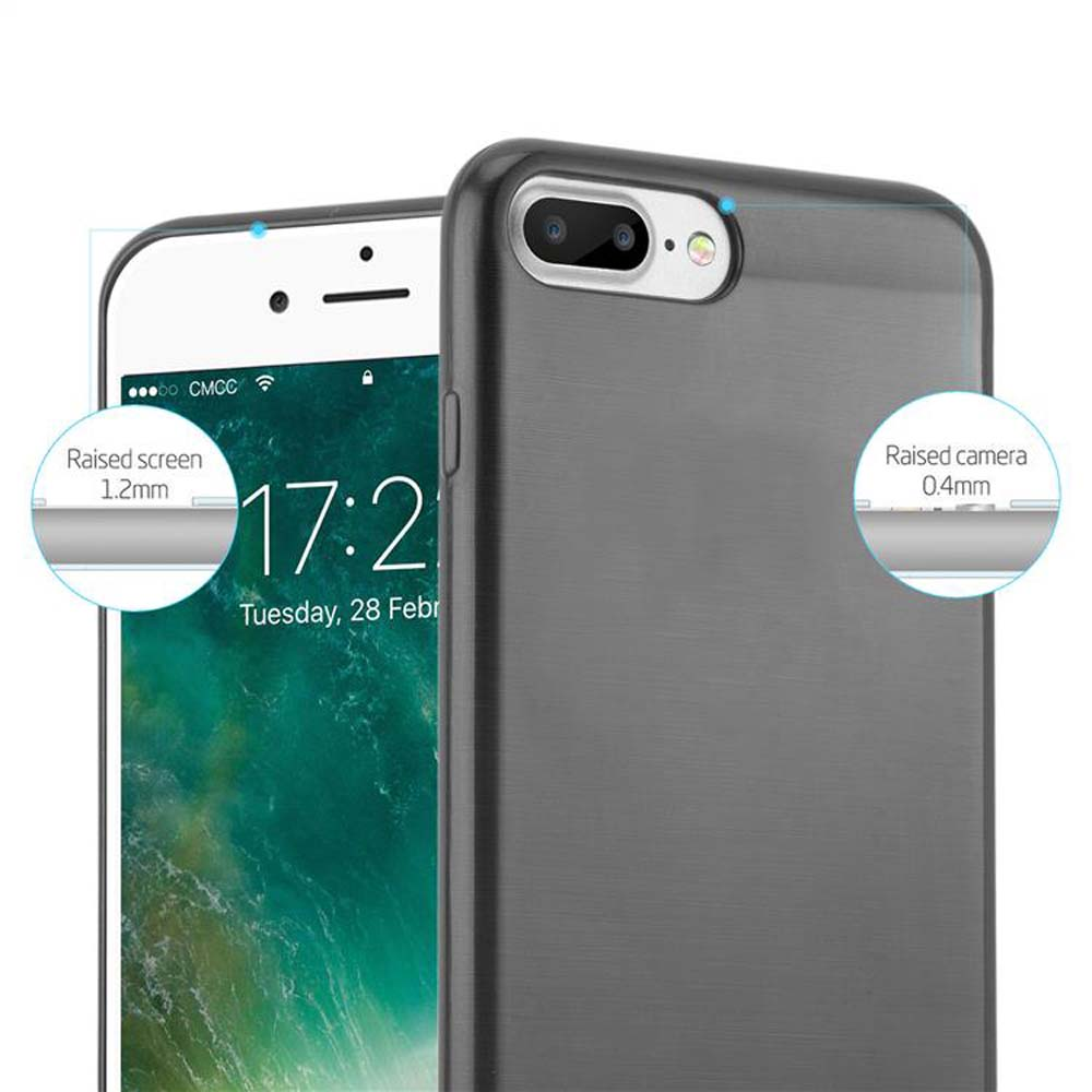 Un teléfono con funda protectora. La pantalla muestra la hora 17:20. Las anotaciones resaltan la pantalla y la cámara elevadas.