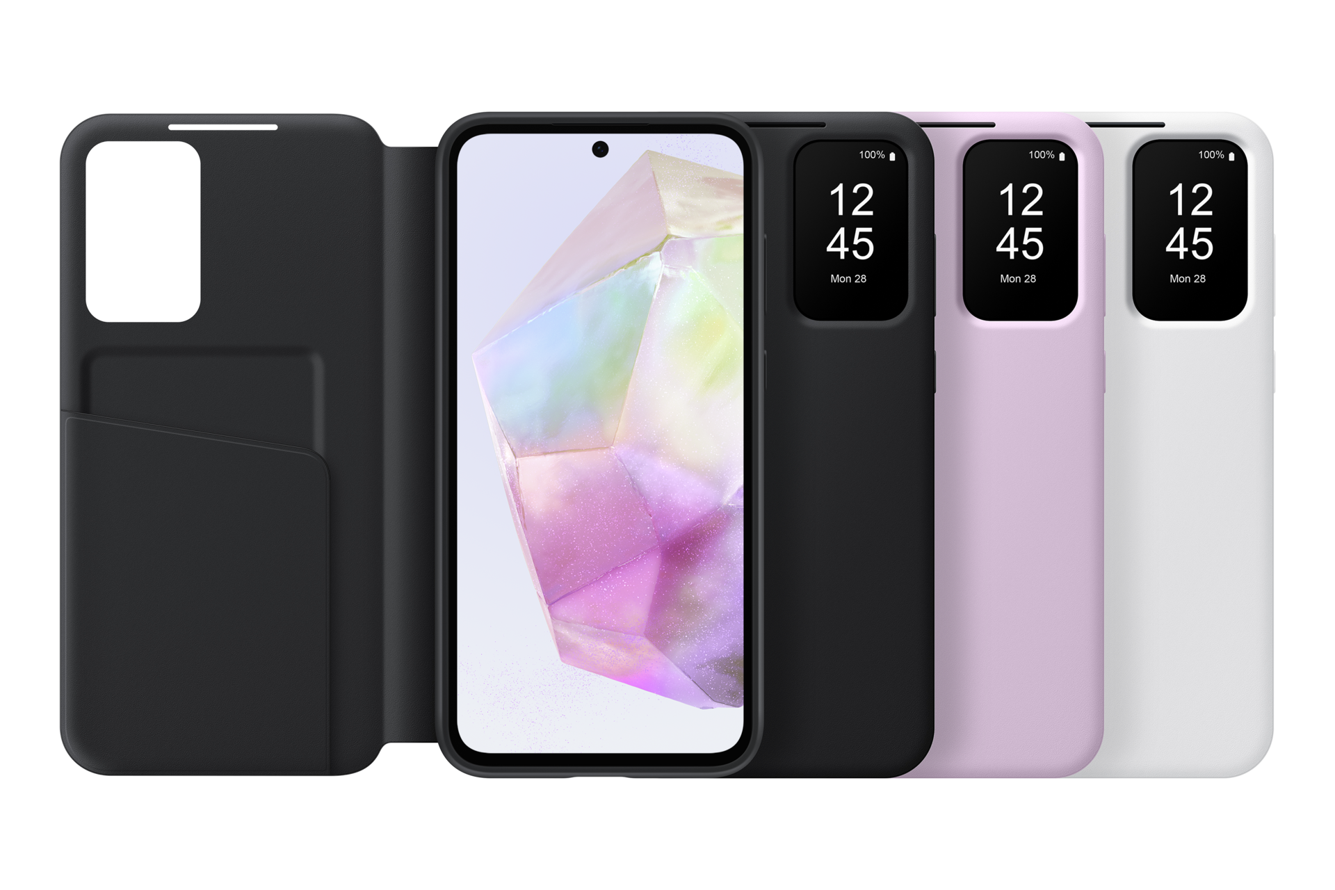 Cuatro fundas para teléfono en negro, negro con teléfono, rosa y blanco. Cada uno muestra la hora: 12:45, lunes 28, con indicador de batería.