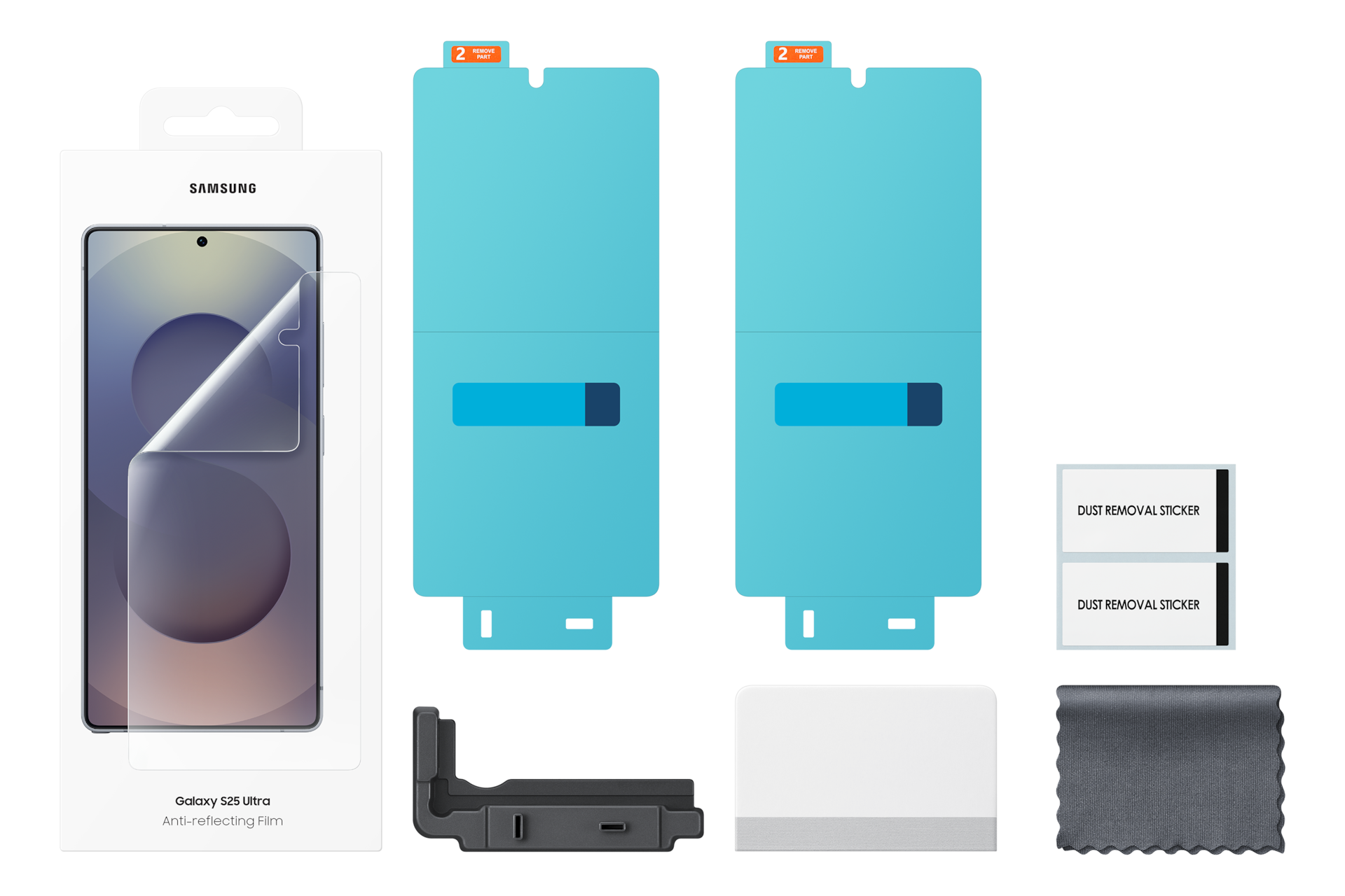 Zestaw folii antyrefleksyjnej Samsung Galaxy S25 Ultra. Zawiera folie ochronne na ekran, naklejki, ściereczkę do czyszczenia i narzędzie.
