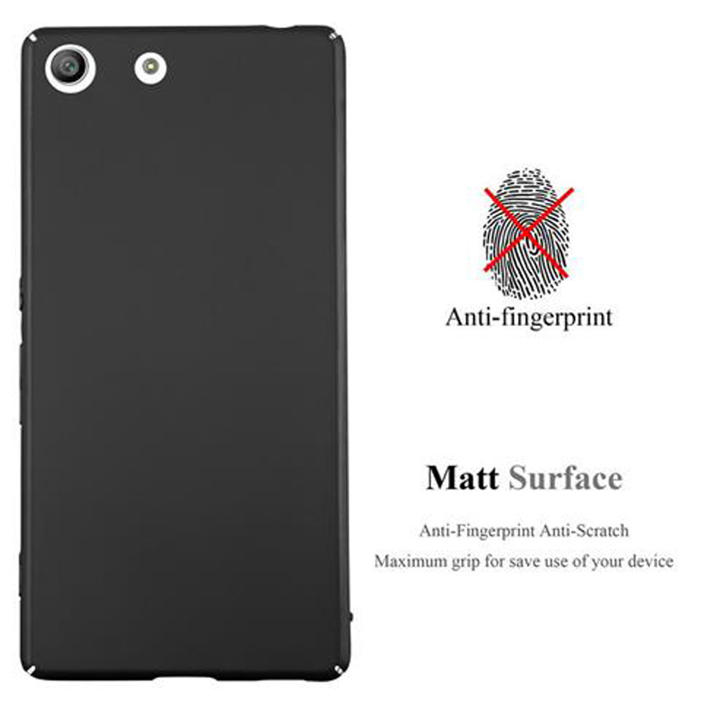 Funda negra para teléfono con cámara y flash. Antihuellas, superficie mate. Texto: anti-huellas, antiarañazos, agarre máximo.