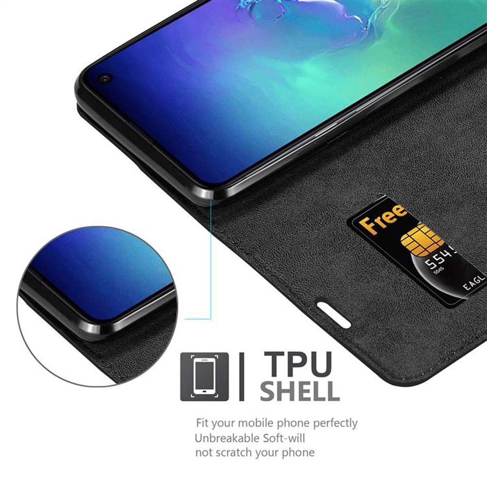 Ein Telefon in einer schwarzen Hülle, eine Karte mit dem Text "Free" und eine "TPU SHELL" Grafik sind zu sehen. Text beschreibt die Eigenschaften.