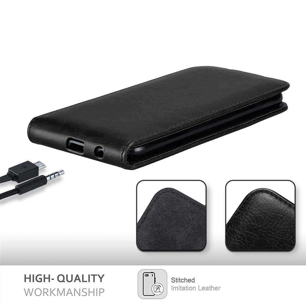 Funda negra para teléfono con teléfono dentro. Cable USB a la izquierda. Dos imágenes detalladas de la funda abajo a la derecha.