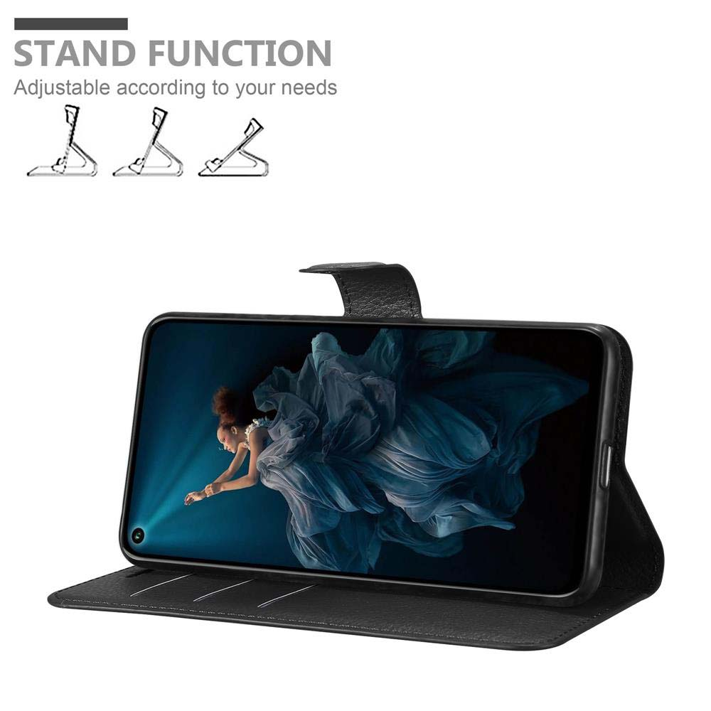 Eine Handyhülle mit Ständerfunktion. Das Telefon zeigt eine Frau in einem fließenden Kleid. Die Hülle ist schwarz und hat einen Magnetverschluss.