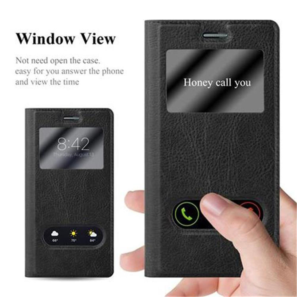 Dos fundas negras para teléfono con vista de ventana. Una muestra la hora, la otra dice 'Honey call you'. Una mano toca el botón de respuesta.