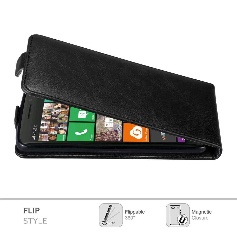 Eine schwarze Flip-Style-Handyhülle bedeckt teilweise ein Smartphone und zeigt dessen Bildschirm mit App-Symbolen. Die Hülle ist offen.