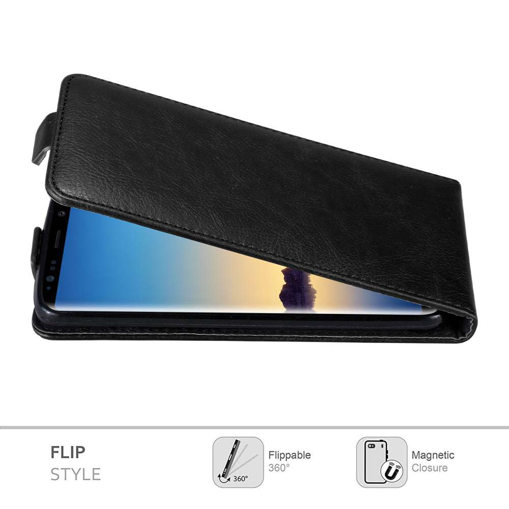 Una custodia per telefono nera a libro è aperta, rivelando lo schermo del telefono. La custodia ha una chiusura magnetica e ribaltabile a 360 gradi.