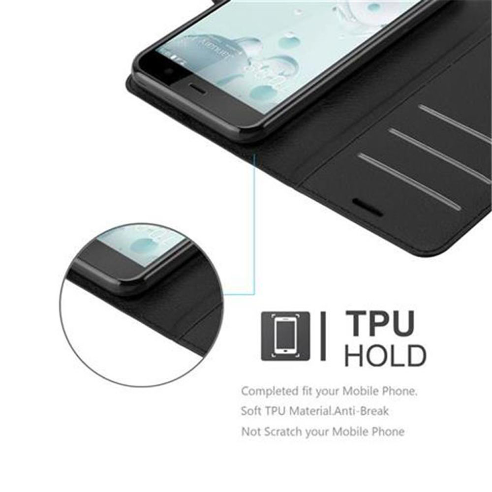 Un telefono nero in una custodia è mostrato. Un cerchio ingrandito evidenzia l'angolo del telefono. Il testo recita TPU HOLD e dettagli del prodotto.