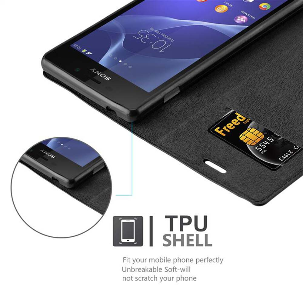 Un telefono Sony in una custodia nera con una carta Freed Eagle. Lo schermo mostra le 10:35. Etichetta TPU SHELL visibile.