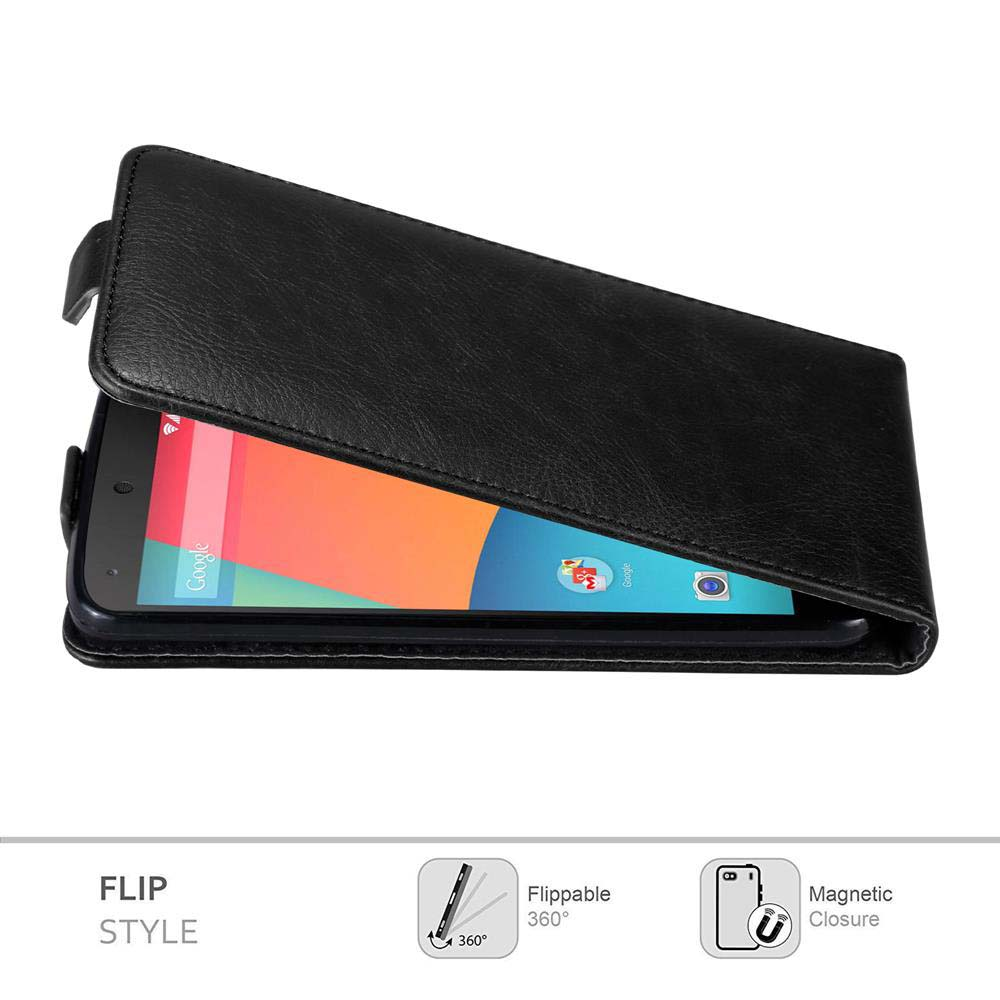 Custodia a libro nera aperta, che rivela uno smartphone con icone colorate. La custodia ha una chiusura magnetica e una rotazione a 360 gradi.