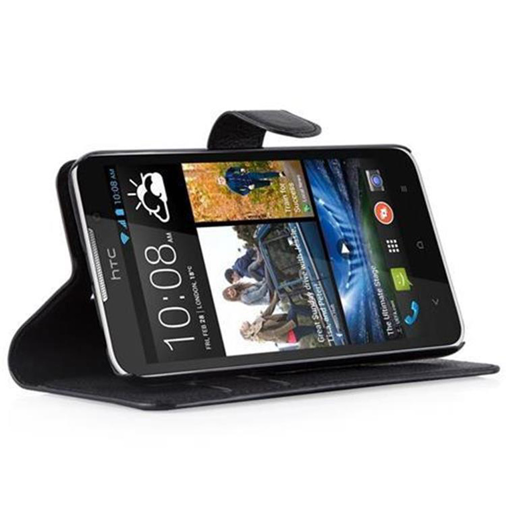 Un telefono HTC nero in una custodia nera è aperto. Lo schermo mostra l'ora, il meteo e le app. La custodia ha una chiusura magnetica.