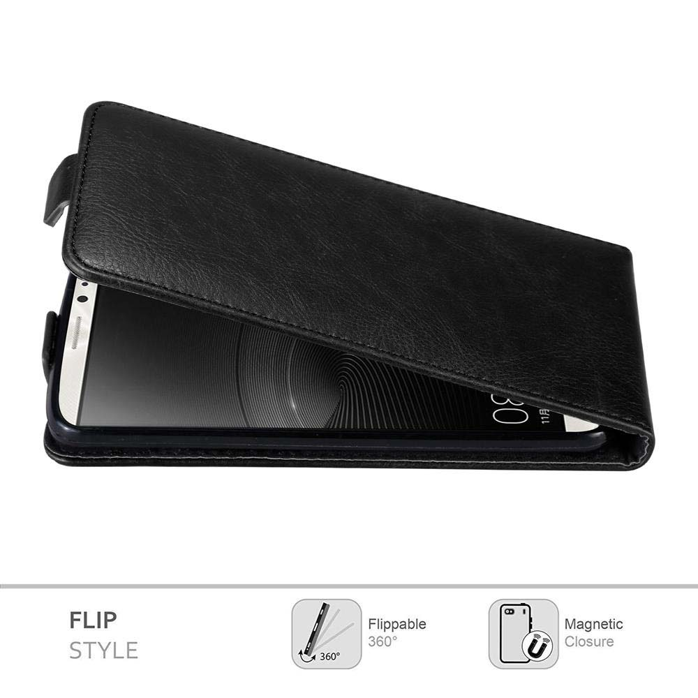 Una funda de teléfono negra tipo flip está abierta, revelando la pantalla de un teléfono. La funda tiene un cierre magnético. El texto indica que es abatible.