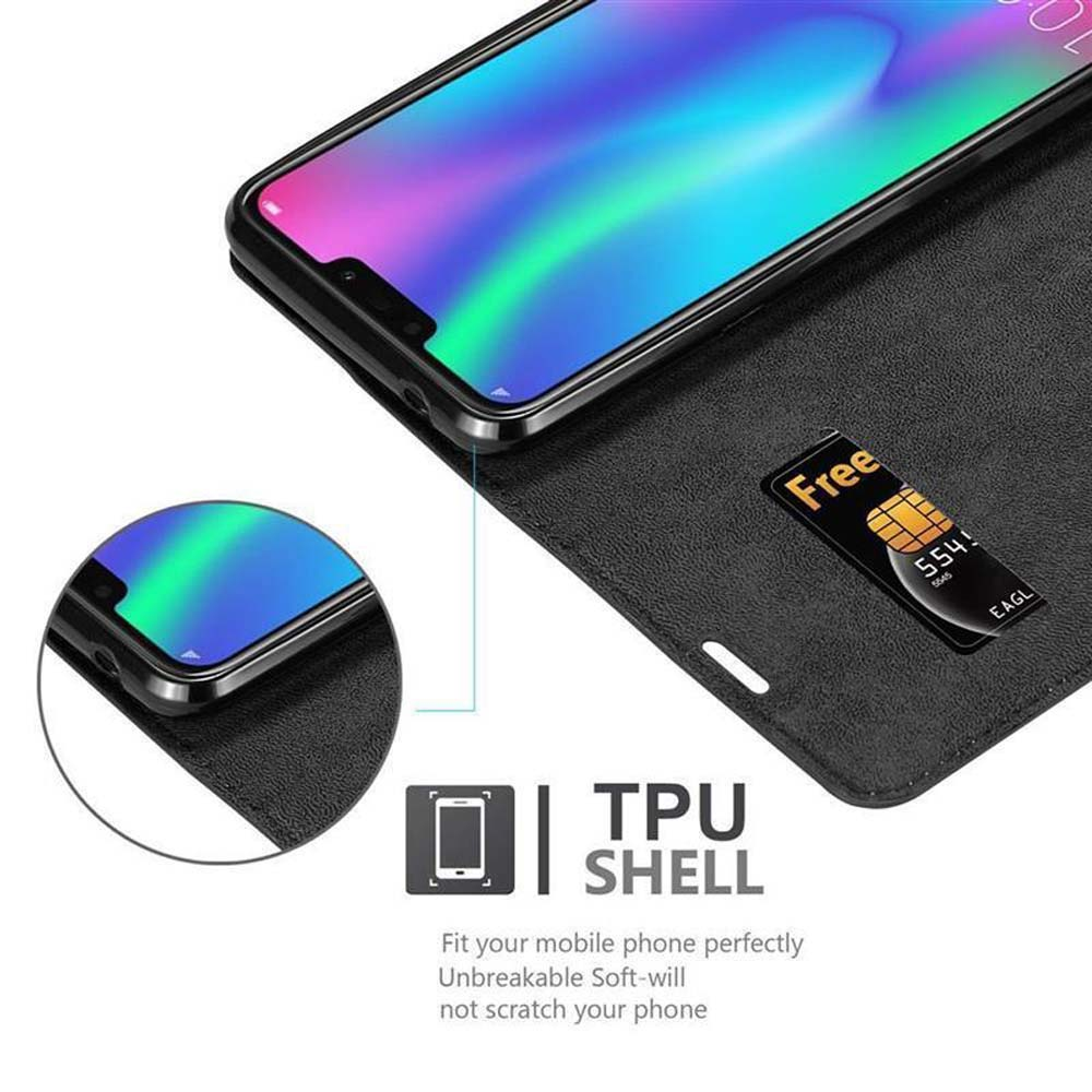 Ein Telefon in einer schwarzen Hülle. Es gibt eine SIM-Karte, die Hülle ist offen und ein Telefonbildschirm mit farbigen Grafiken ist sichtbar.