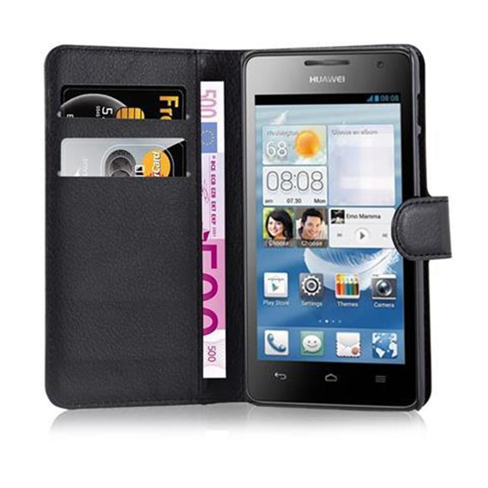 Ein Huawei-Smartphone in einer schwarzen Brieftasche. Der Bildschirm zeigt Uhrzeit und Apps an. Kreditkarten und Geld sind sichtbar.