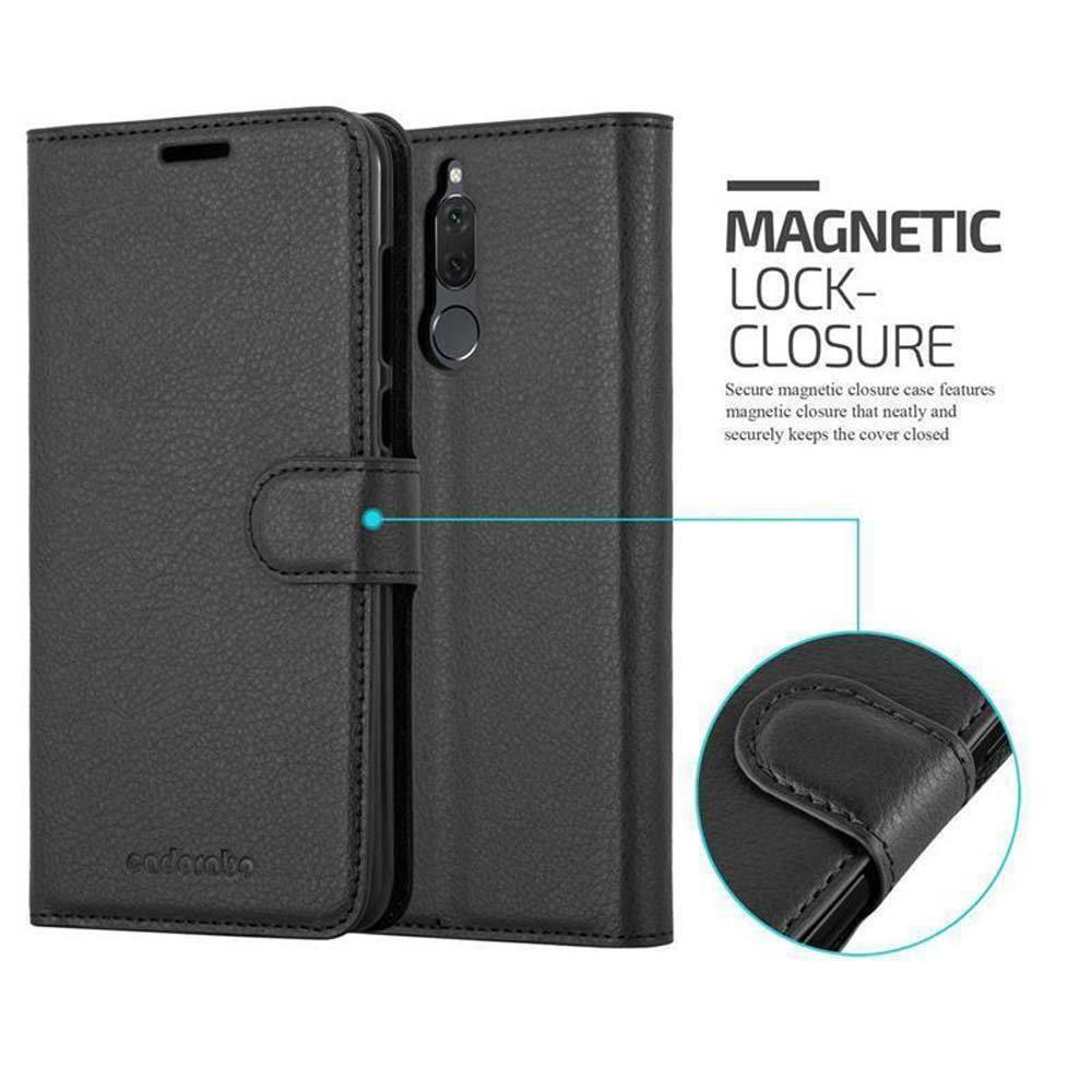 Schwarze Handyhülle mit Magnetverschluss. Enthält ein Telefon und eine Nahaufnahme des Verschlusses. Text: MAGNETISCHER VERSCHLUSS.