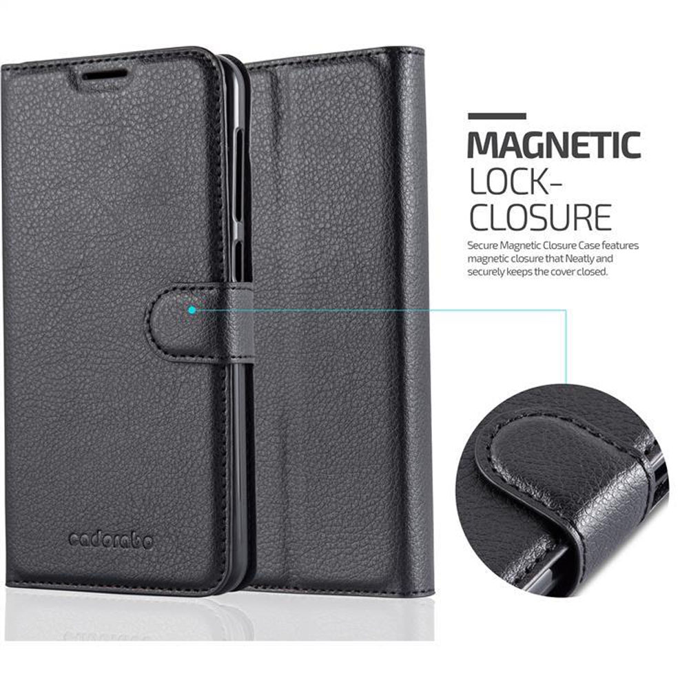 È mostrata una custodia per telefono in pelle nera con chiusura magnetica. La custodia è aperta, con una chiusura magnetica visibile.