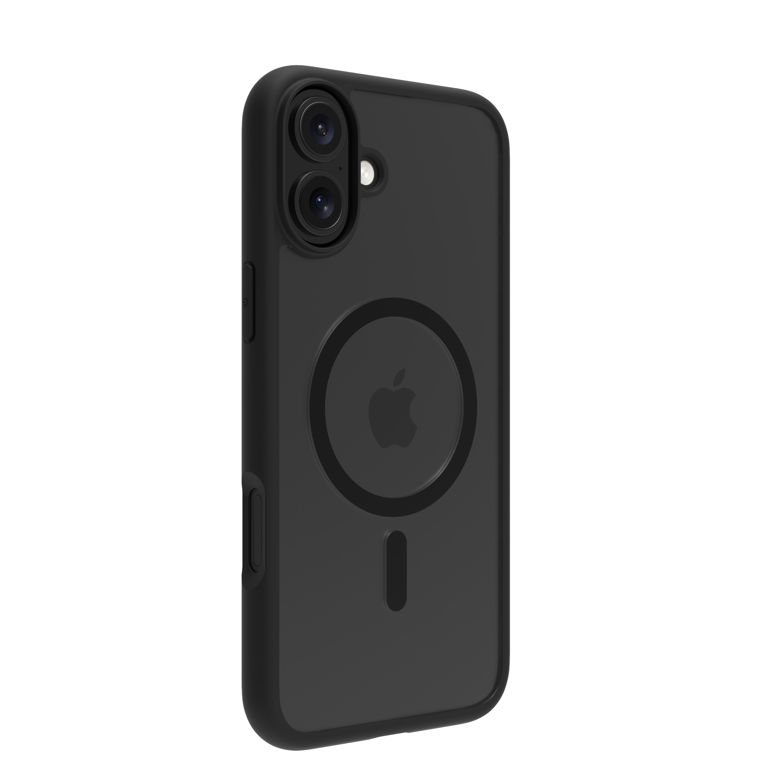 Custodia nera per telefono con logo Apple e obiettivi della fotocamera, isolata su sfondo bianco.