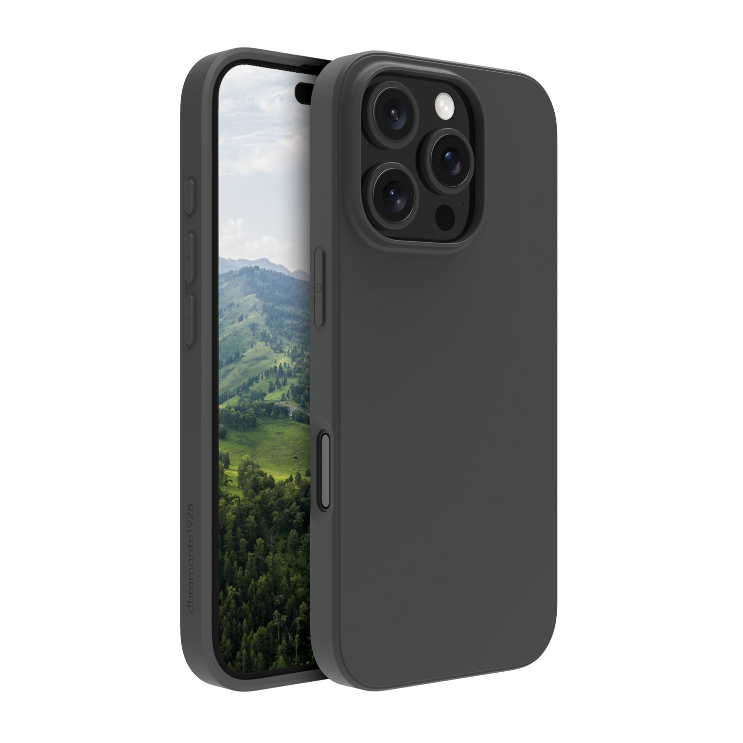 Una custodia per telefono grigio scuro parzialmente aperta, che rivela uno schermo con un paesaggio di colline verdi e alberi. La custodia ha tre lenti.