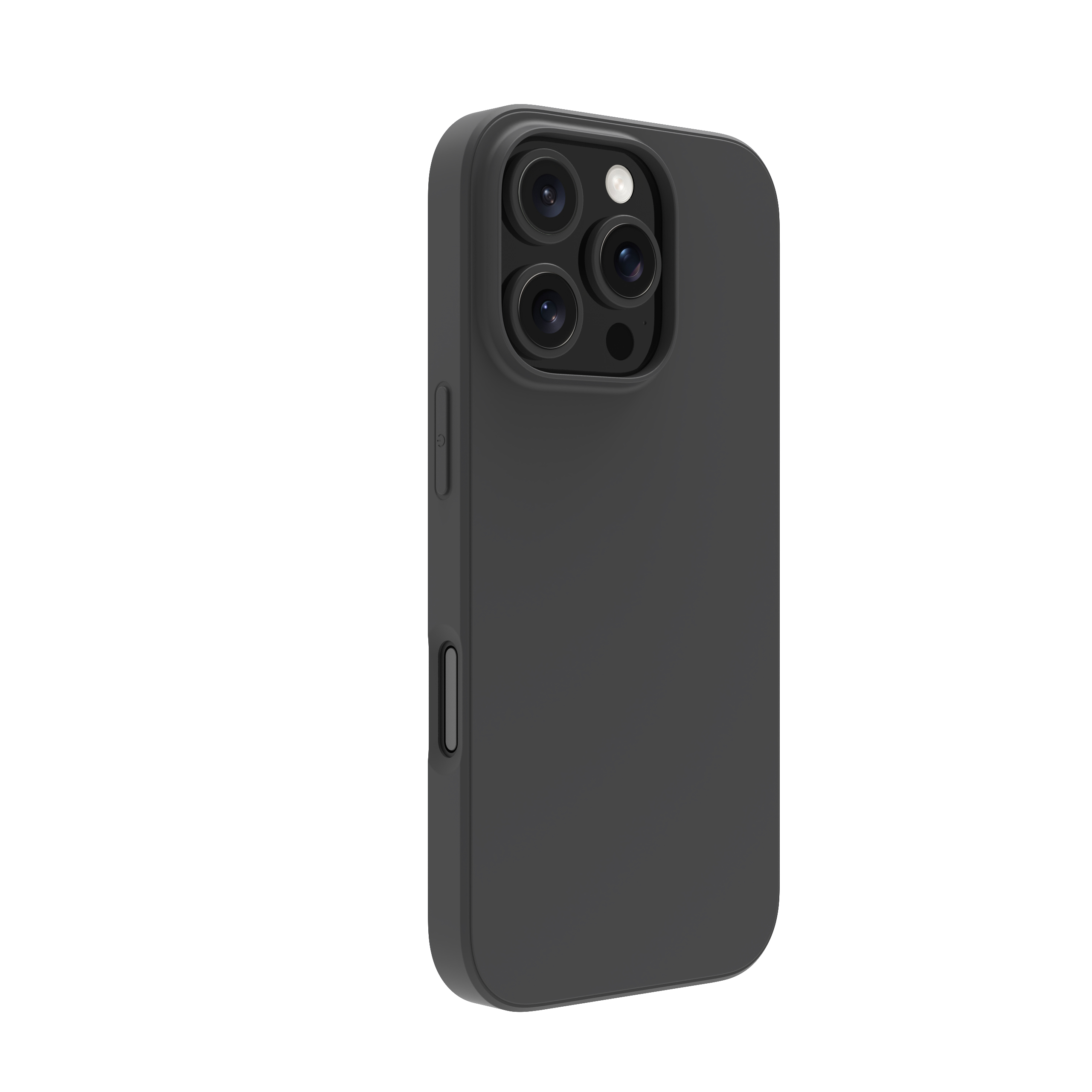 Una custodia per telefono grigio scuro, con fotocamere, pulsanti e superficie liscia. Isolato.