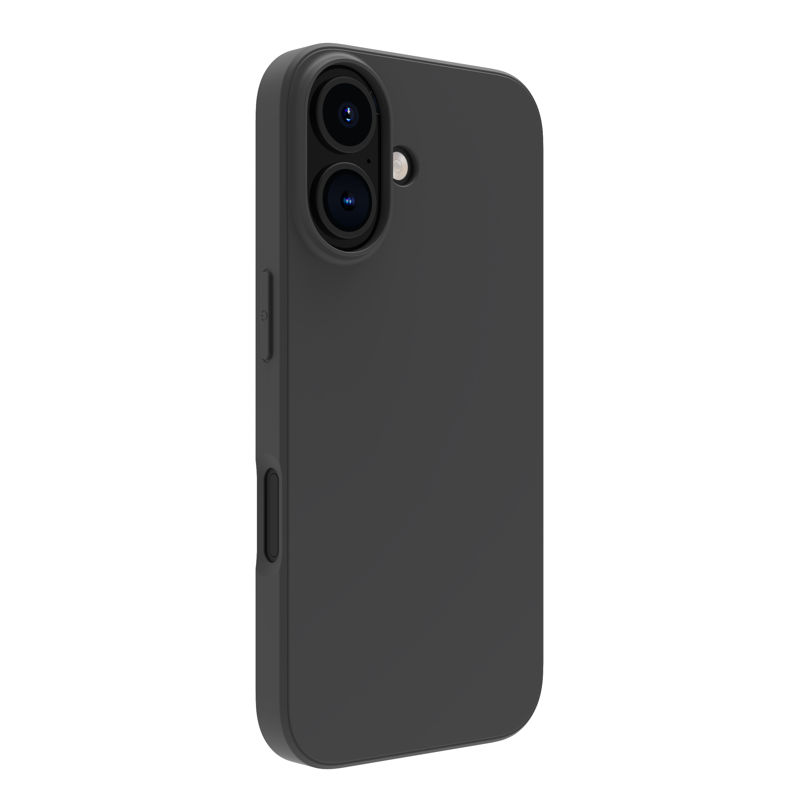 Una custodia per telefono grigio scuro, con due lenti della fotocamera e un flash. La custodia ha pulsanti laterali.